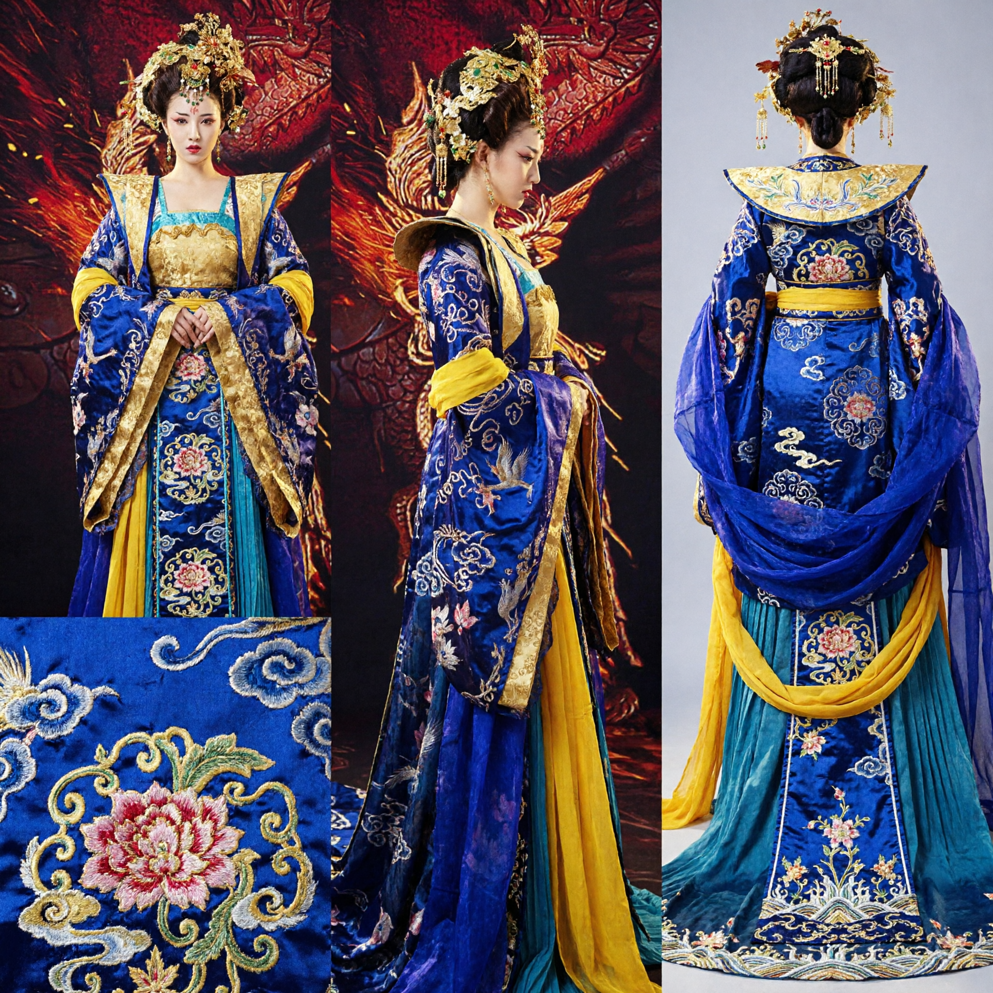 Traditional Chinese Tang Dynasty Empress Hanfu Costume Blue and Gold Royal Dress for Women Performance - Asian Costume