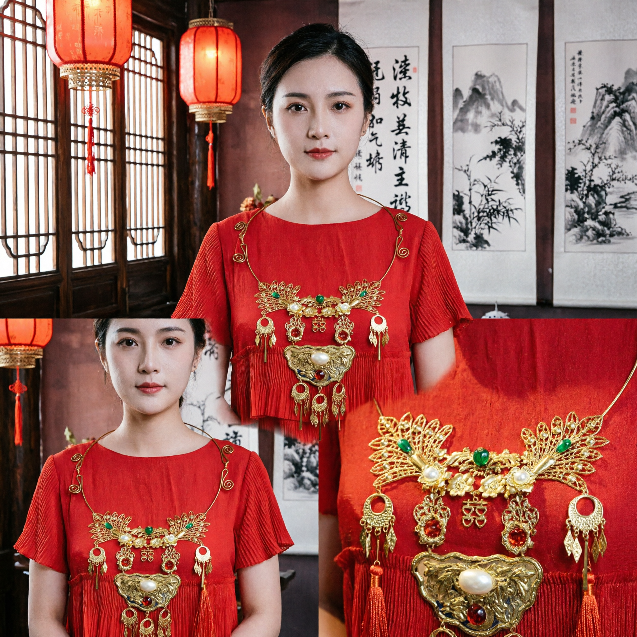 Traditional Chinese Gold Phoenix Necklace Wedding Bridal Jewelry with Red Gems for Hanfu Costume Accessories - Asian Costume