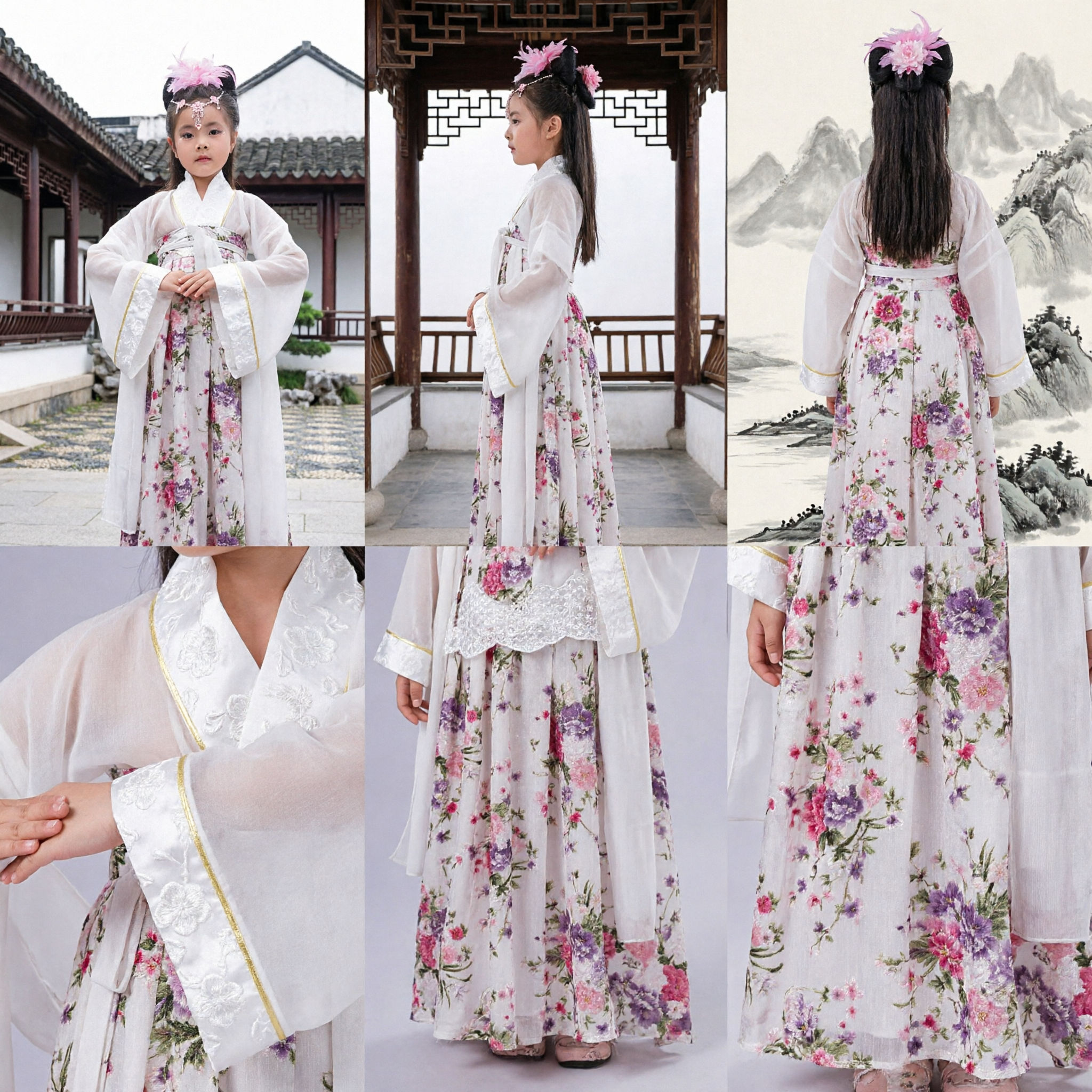 Traditional Chinese Hanfu Costume for Girls Ancient Fairy Floral Dress Kids Performance Clothing - Asian Costume