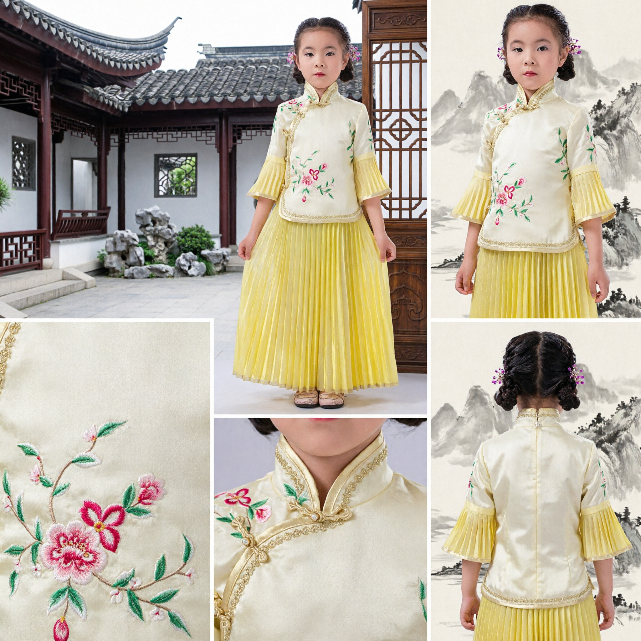 Traditional Chinese Kids Costume Girls Yellow Floral Embroidery Top and Pleated Skirt Set for Wedding Festival - Asian Costume
