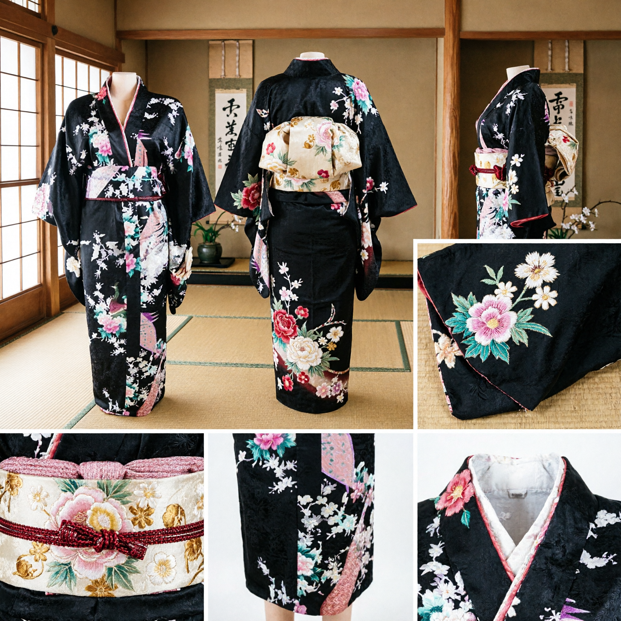 Elegant Black Floral Japanese Kimono Traditional Costume for Women Long Sleeve Robe for Cosplay and Parties - Asian Costume