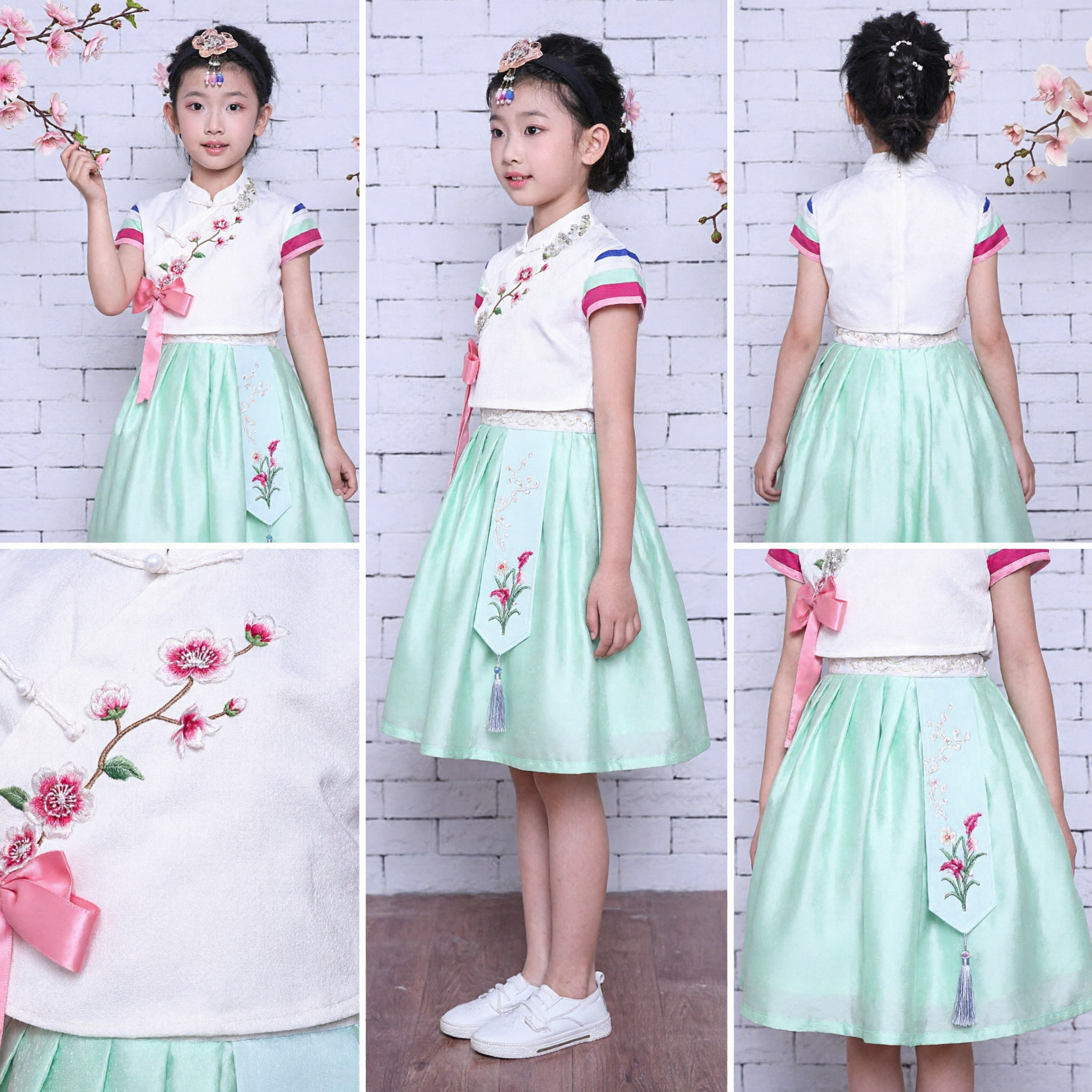 Kids Girls Traditional Chinese Hanfu Dress Green Floral Embroidery Cheongsam Performance Costume for Festival - Asian Costume