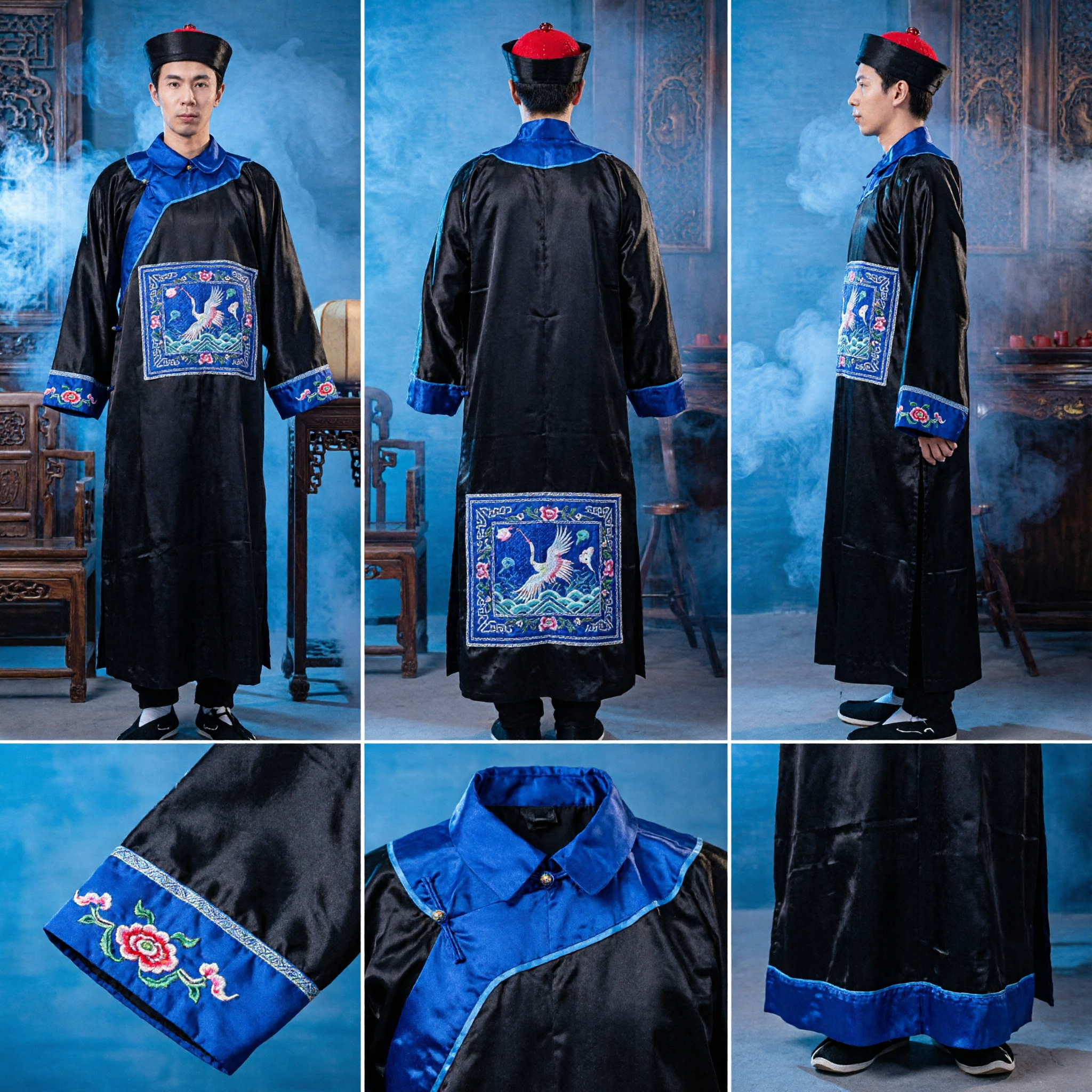 Men's Qing Dynasty Official Costume Black Robe with Crane Embroidery Ancient Chinese Magistrate Clothing for Cosplay - Asian Costume