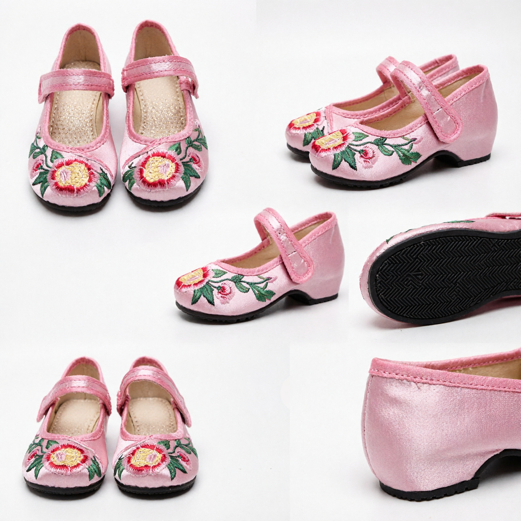 Pink Chinese Traditional Embroidered Shoes for Girls Kids Hanfu Cloth Shoes Floral Ancient Style Footwear - Asian Costume