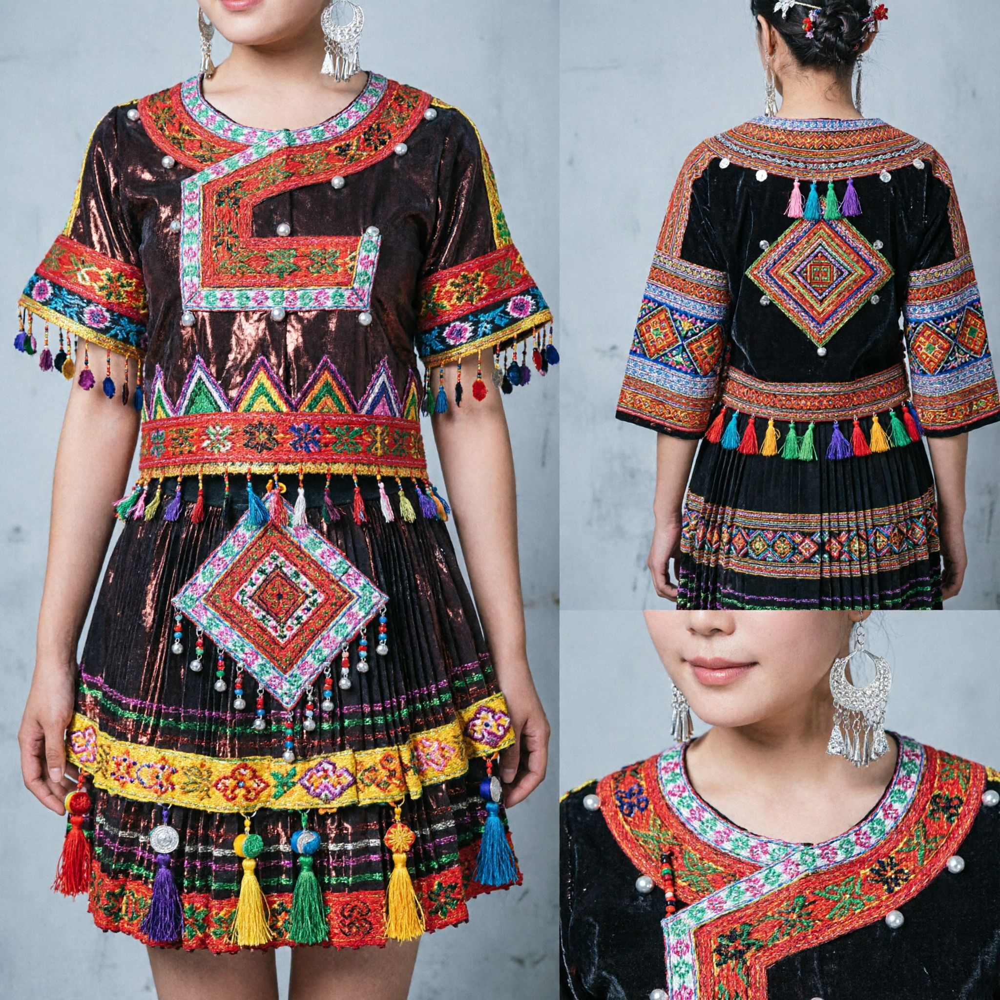 Traditional Chinese Miao Ethnic Minority Costume Women Stage Dance Dress with Intricate Embroidery and Pleated Skirt - Asian Costume