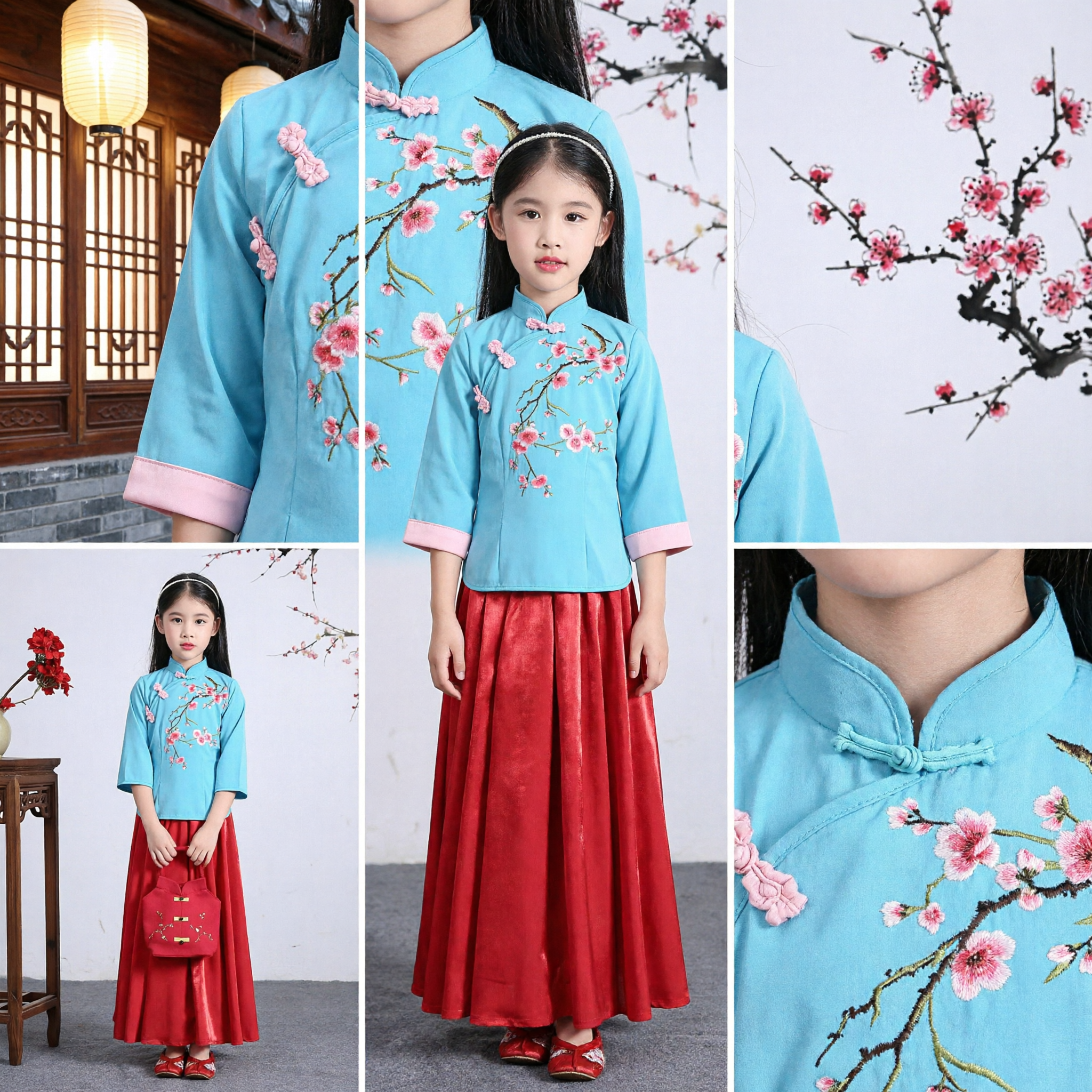 Kids Girls Traditional Chinese Clothing Set Blue Embroidered Tang Suit Top Red Skirt Hanfu Costume for Festivals - Asian Costume