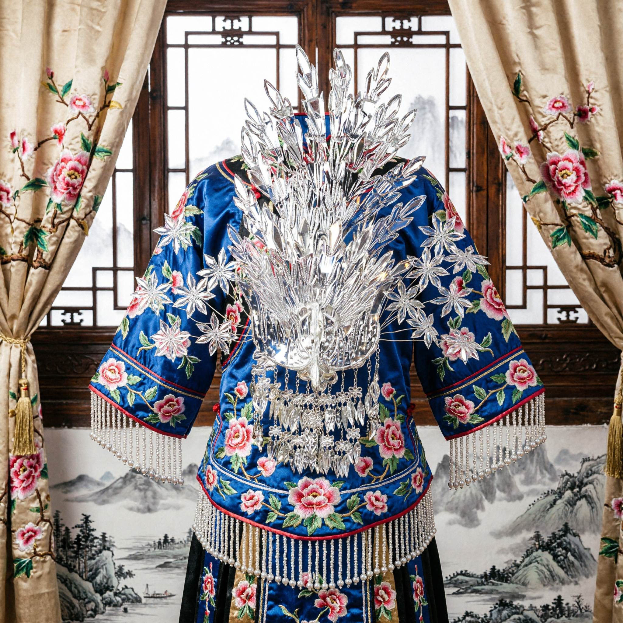 Traditional Chinese Miao Silver Headdress Ethnic Phoenix Crown Wedding Hair Accessory for Brides and Dance Performance - Asian Costume