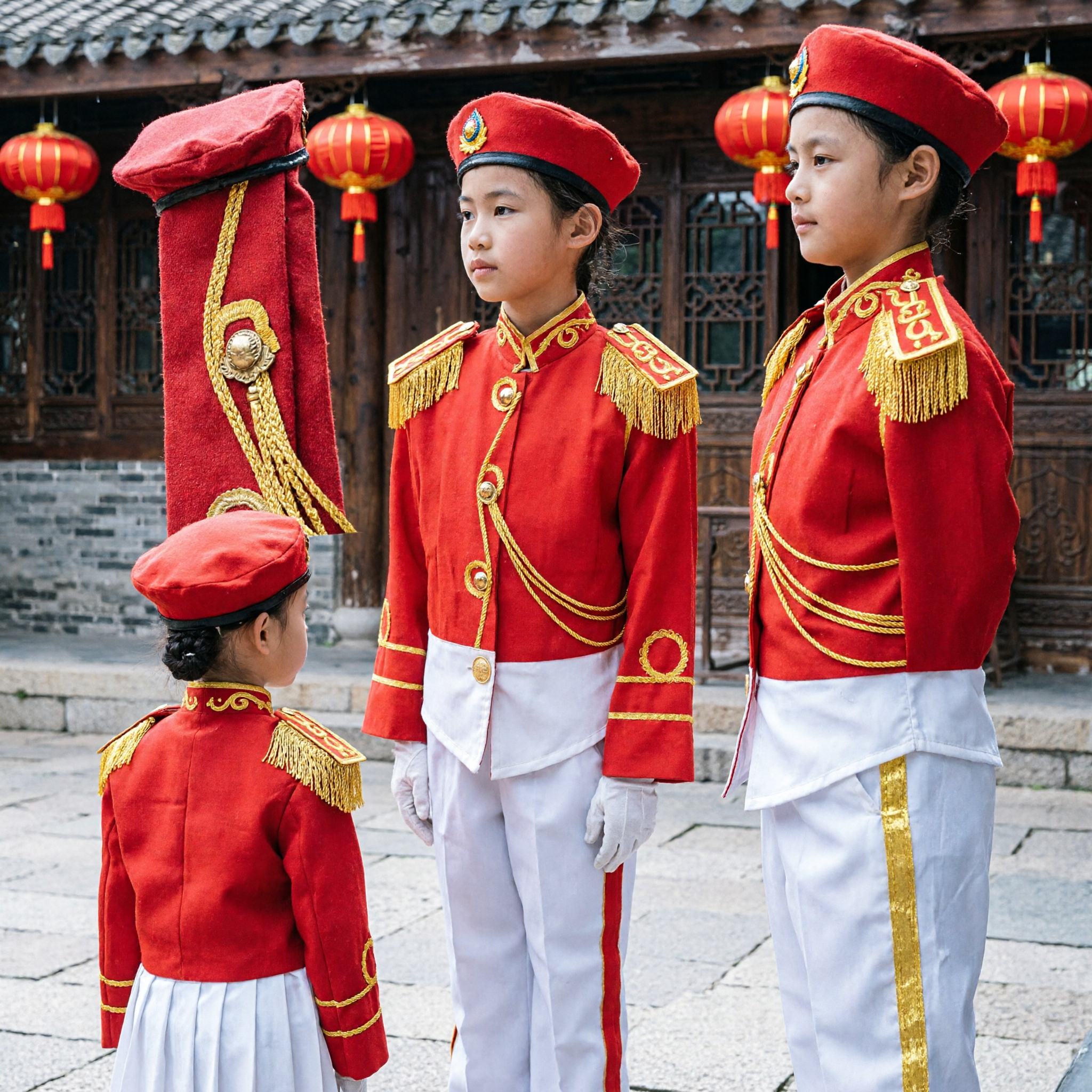 Kids Red Military Marching Band Uniform Set Chinese Honor Guard Costume for School Parades and Performances - Asian Costume