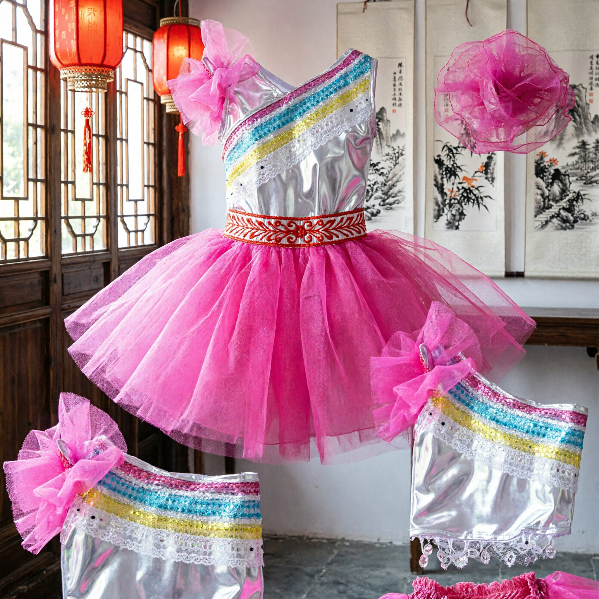 Children Girls Pink Folk Dance Costume Set Silver Sequin Top Tulle Tutu Skirt Stage Performance Outfit - Asian Costume