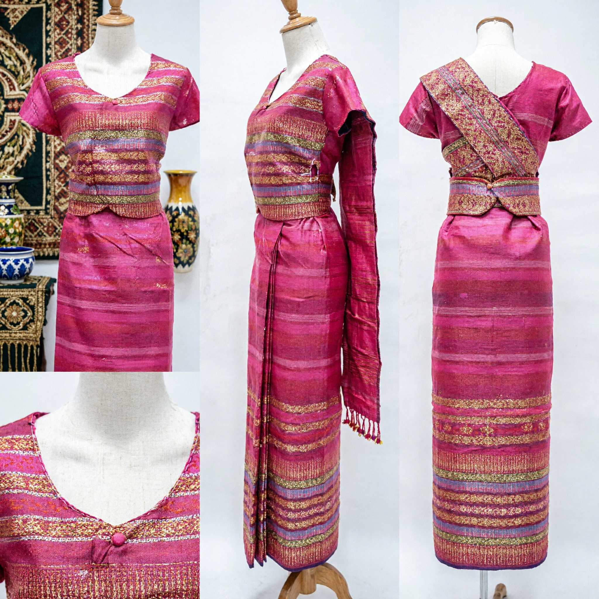 Vibrant Pink Thai Traditional Dress Chut Thai Silk Costume with Gold Brocade for Women Dance Performance - Asian Costume