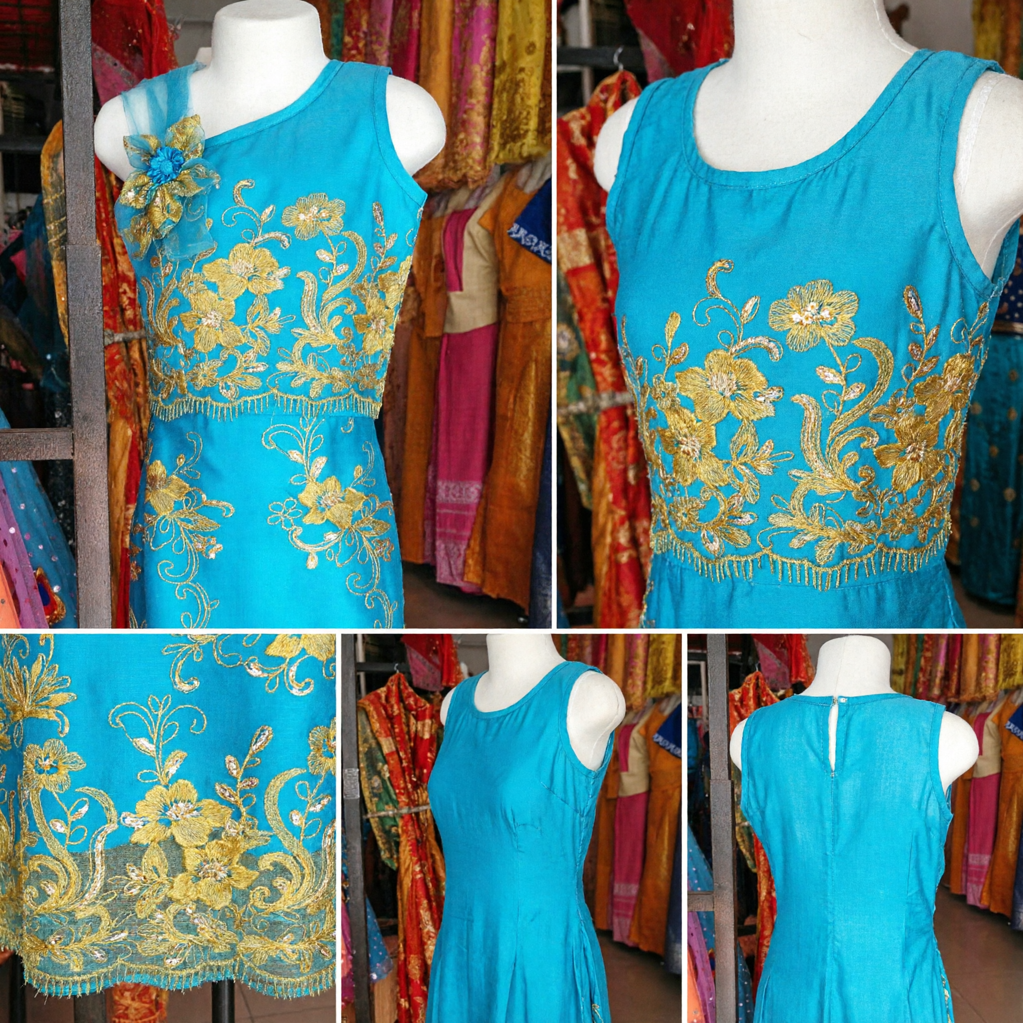 Elegant Blue One-Shoulder Cheongsam Dress with Gold Floral Embroidery Traditional Chinese Qipao for Women - Asian Costume