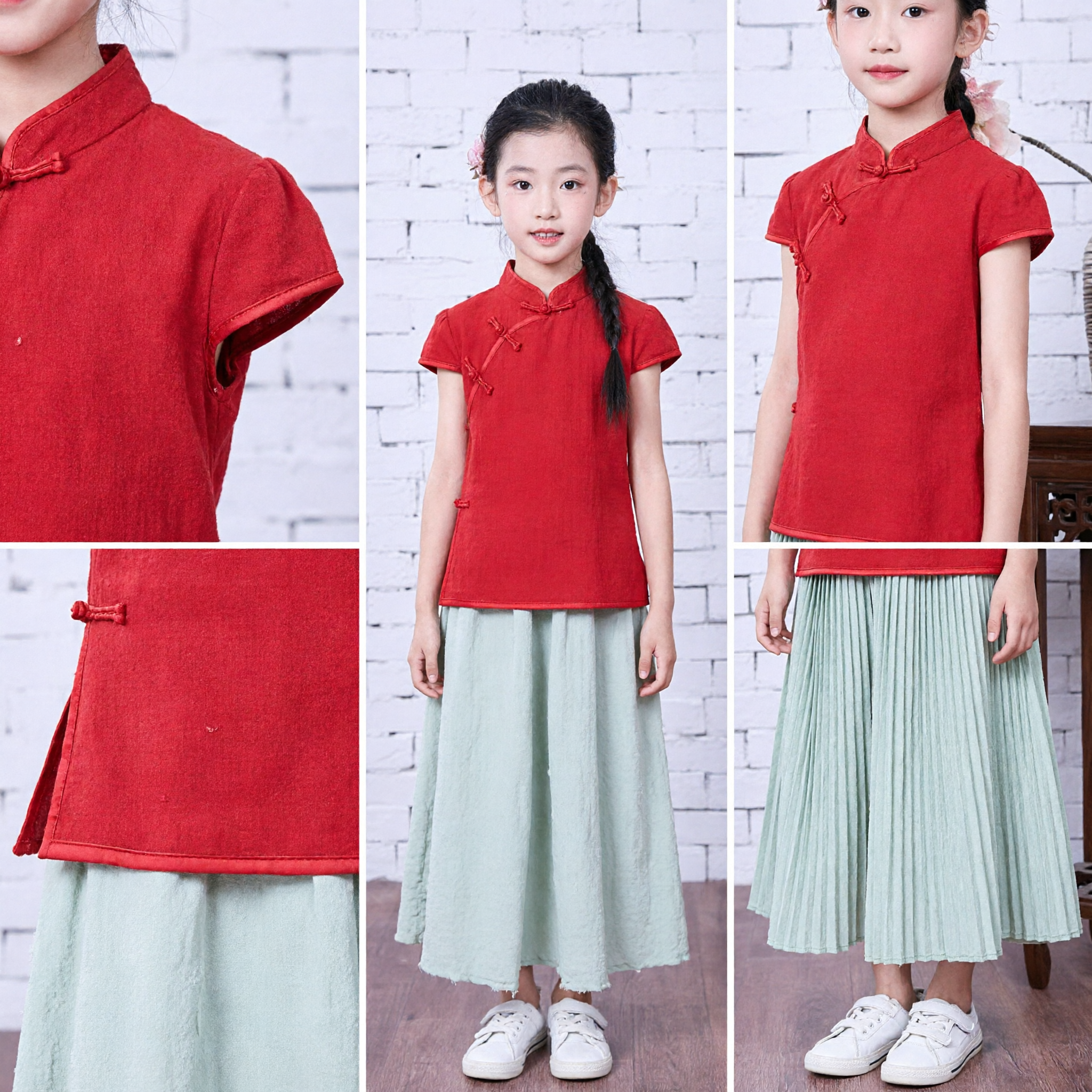 Girls Traditional Chinese Hanfu Set Red Tang Suit Top Green Pleated Skirt Kids Festival Clothing - Asian Costume