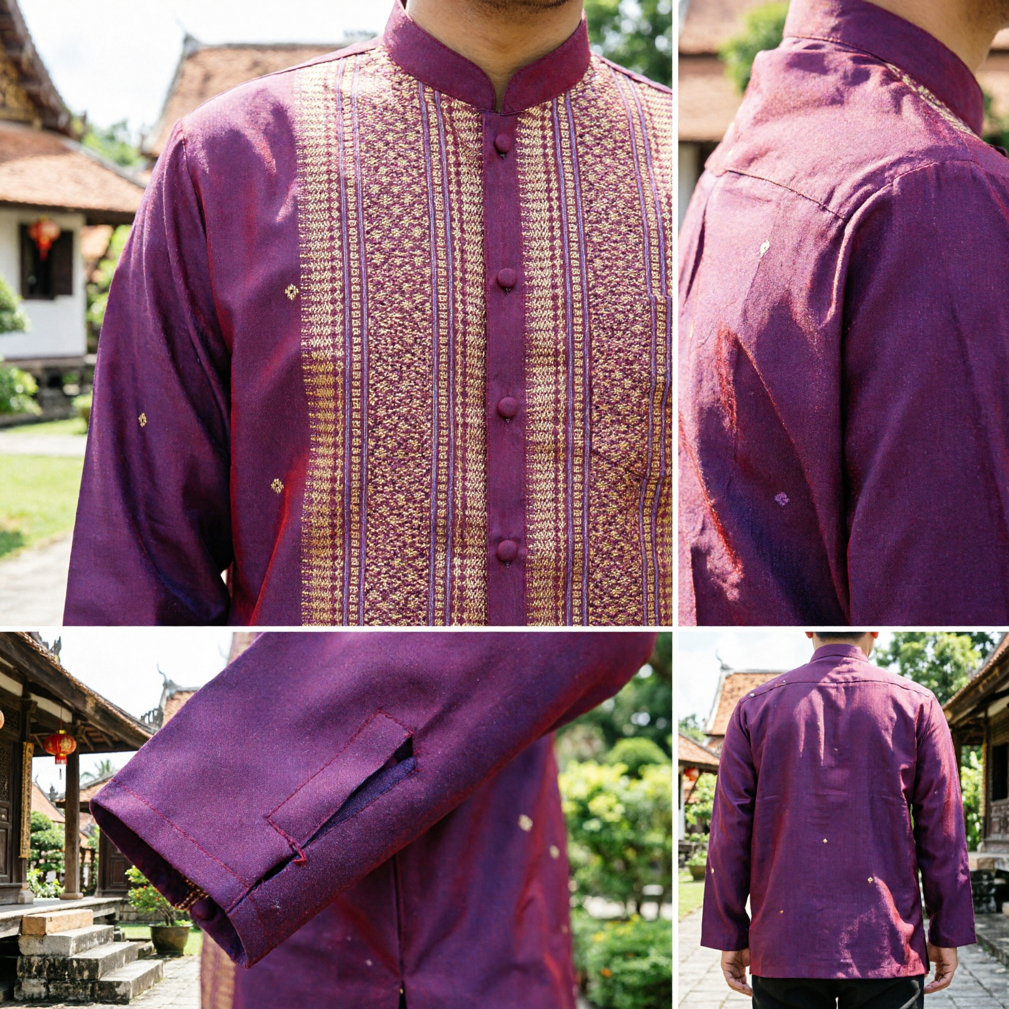 Luxury Men's Traditional Thai Silk Shirt Burgundy Gold Brocade Mandarin Collar Formal Wedding Attire - Asian Costume