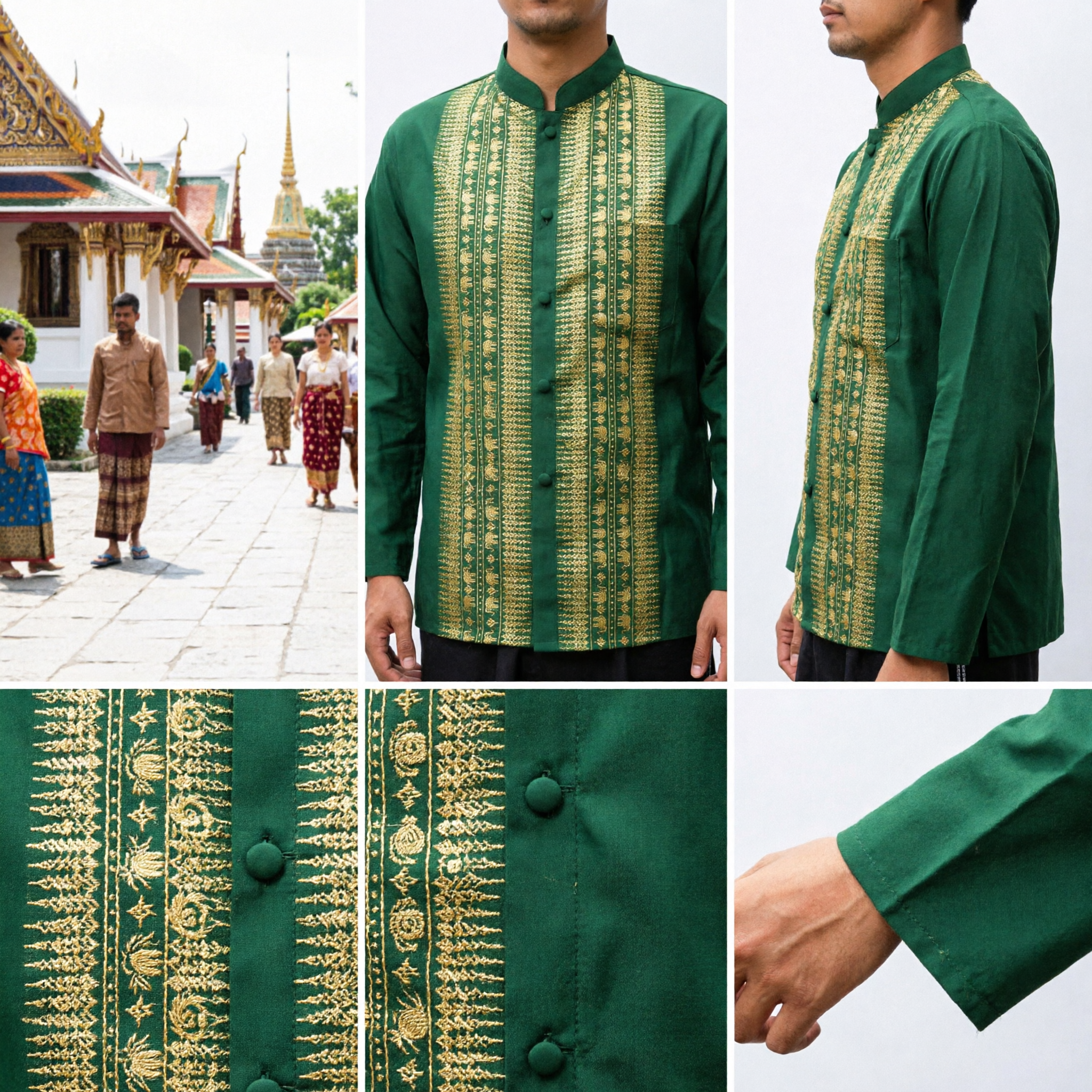 Men's Emerald Green Thai Silk Shirt Gold Elephant Motif Traditional Formal Wedding Suea Pat - Asian Costume