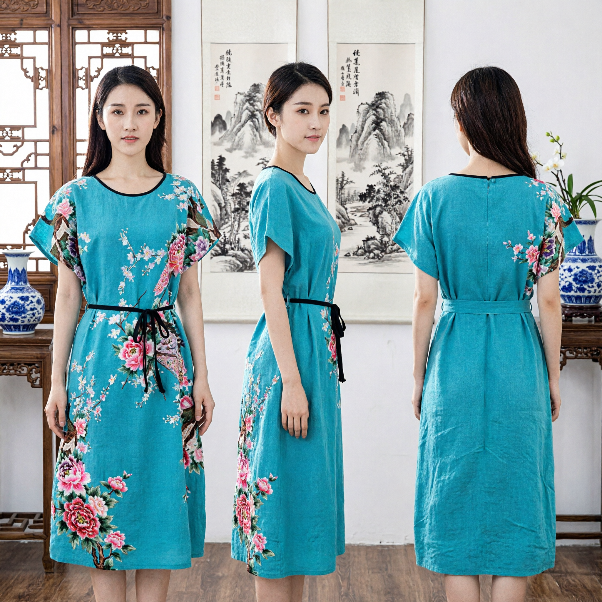 Elegant Blue Floral Print Chinese Traditional Dress Women Modern Hanfu Style Summer Casual Outfit - Asian Costume