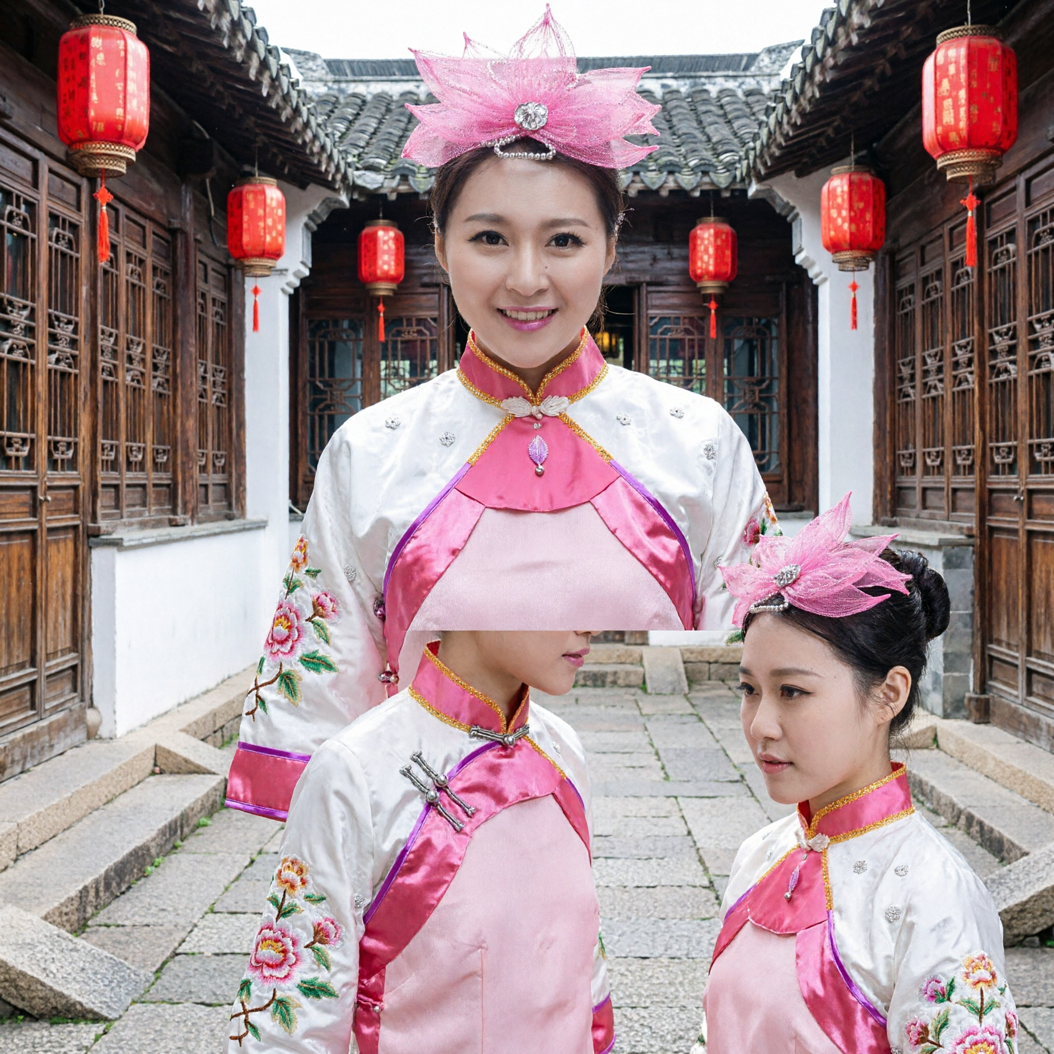 Pink Mesh Flower Hair Accessory with Crystal Rhinestone and Pearls for Traditional Chinese Dance Performance - Asian Costume