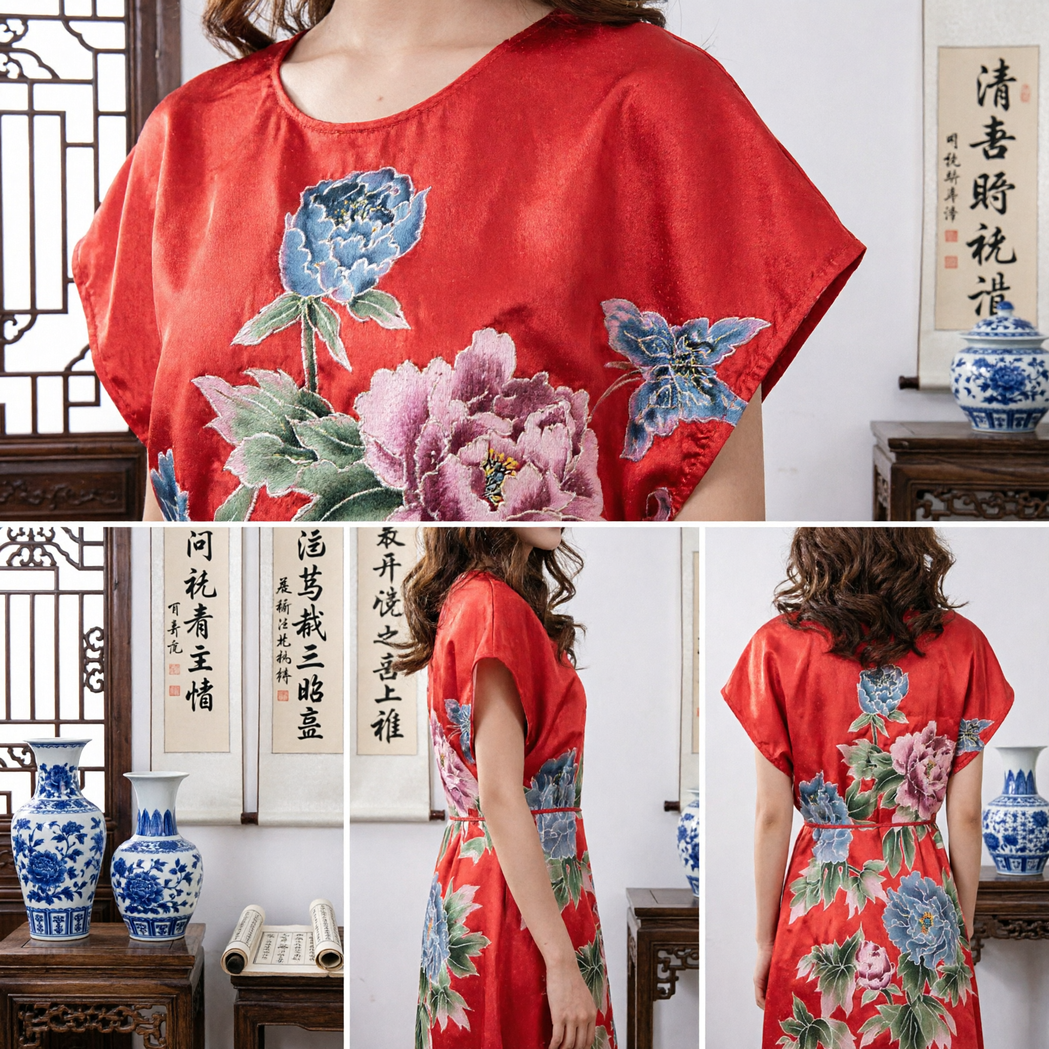 Vestido de Estilo Chino para Mujer Qipao Rojo con Estampado Floral, Ropa Casual de Verano, Ajuste Holgado, Prenda Tradicional de Peonía - Asian Costume