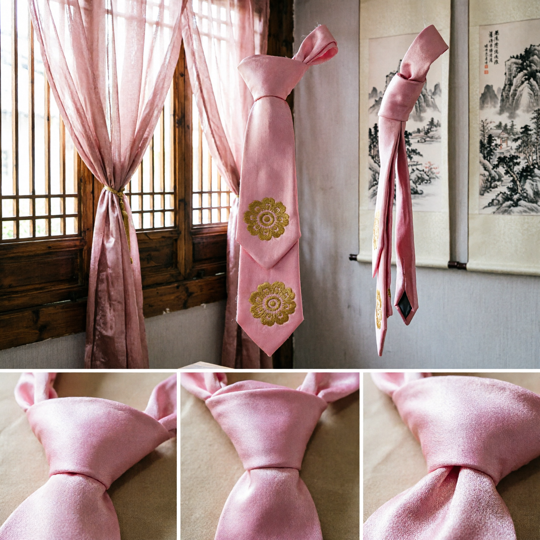 Elegant Pink Hanfu Silk Tie with Gold Floral Embroidery Traditional Chinese Ancient Costume Accessory for Women - Asian Costume