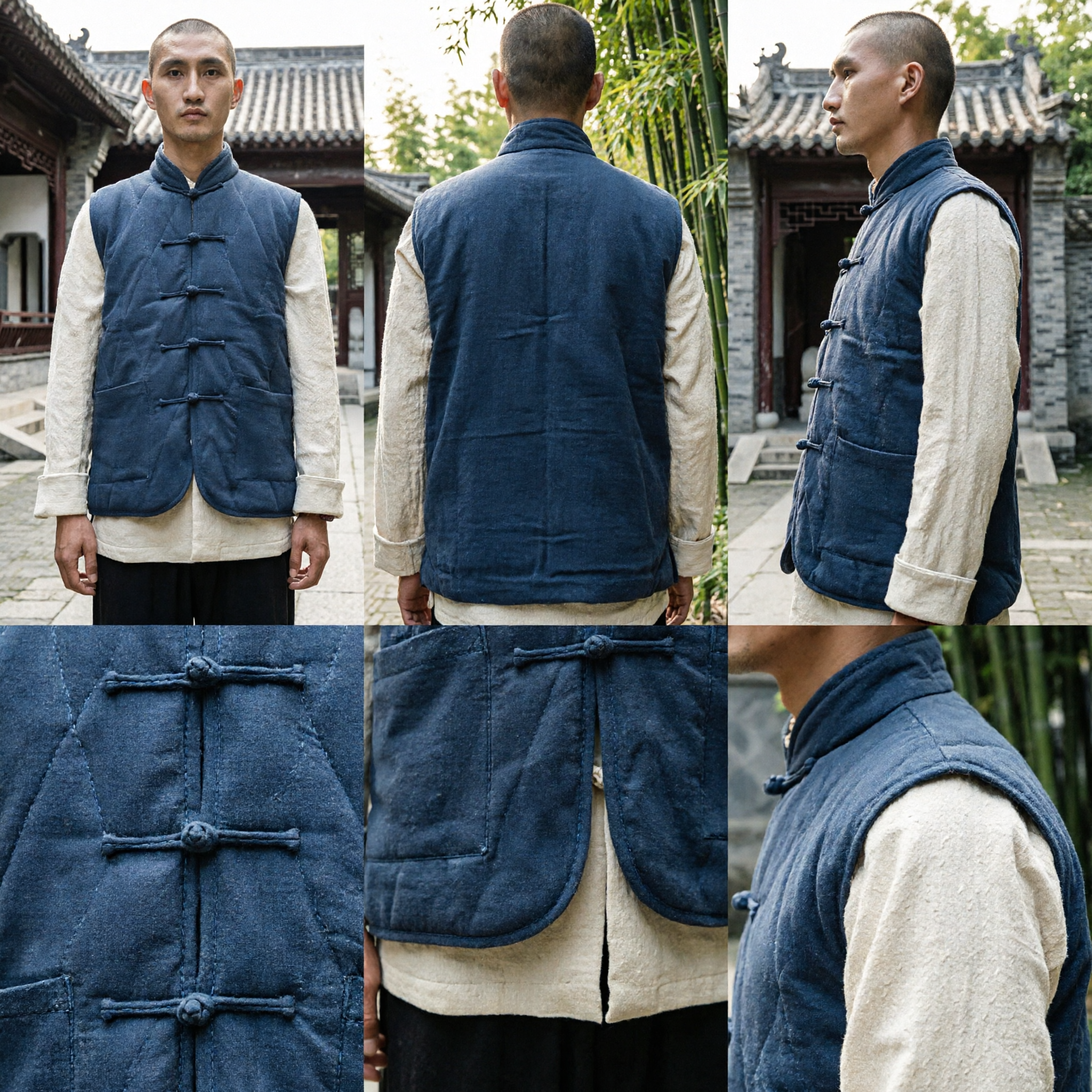 Men's Traditional Chinese Quilted Cotton Vest Kung Fu Tang Suit Waistcoat with Mandarin Collar and Frog Buttons - Asian Costume