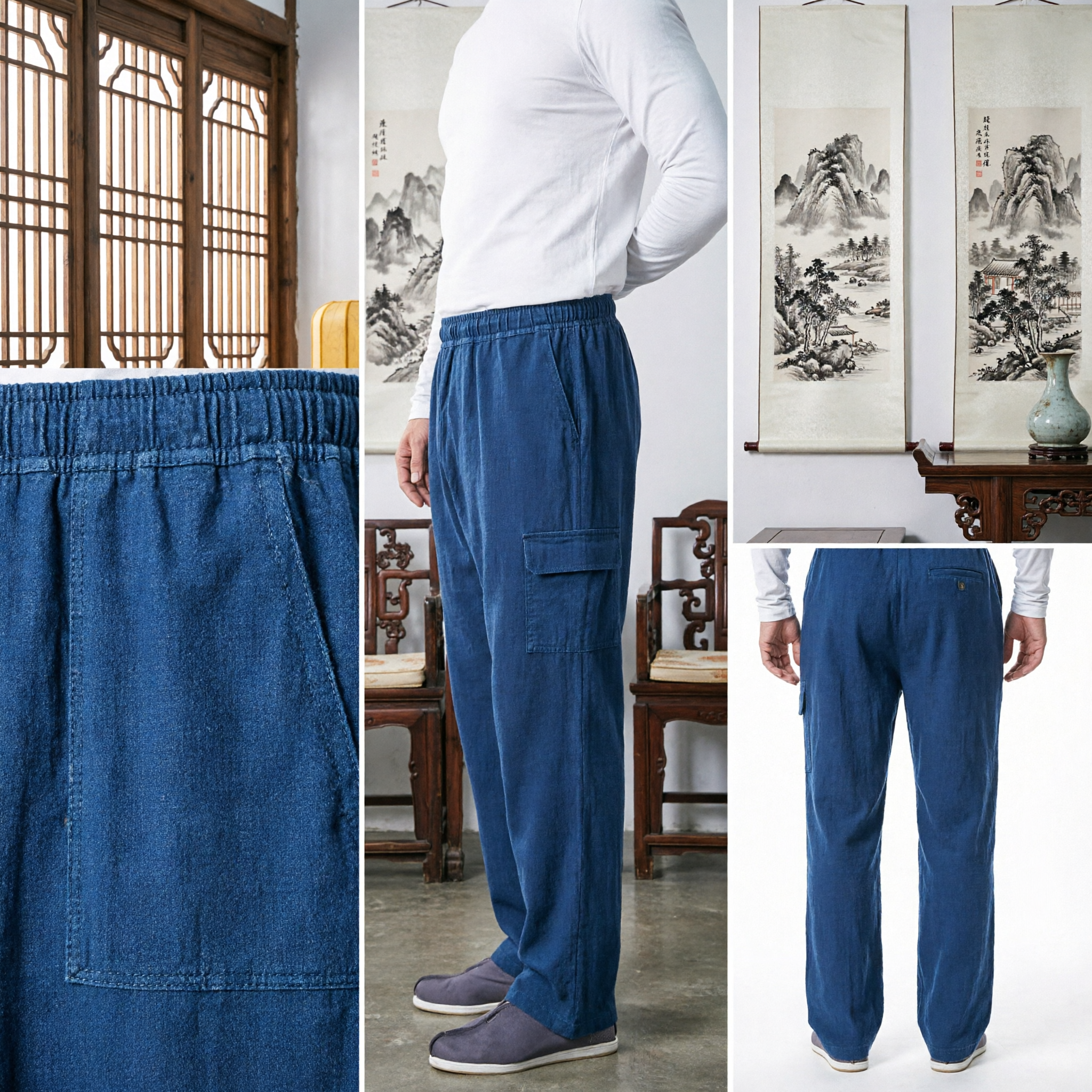 Men's Traditional Chinese Blue Linen Kung Fu Pants Loose Fit Tai Chi Martial Arts Trousers - Asian Costume