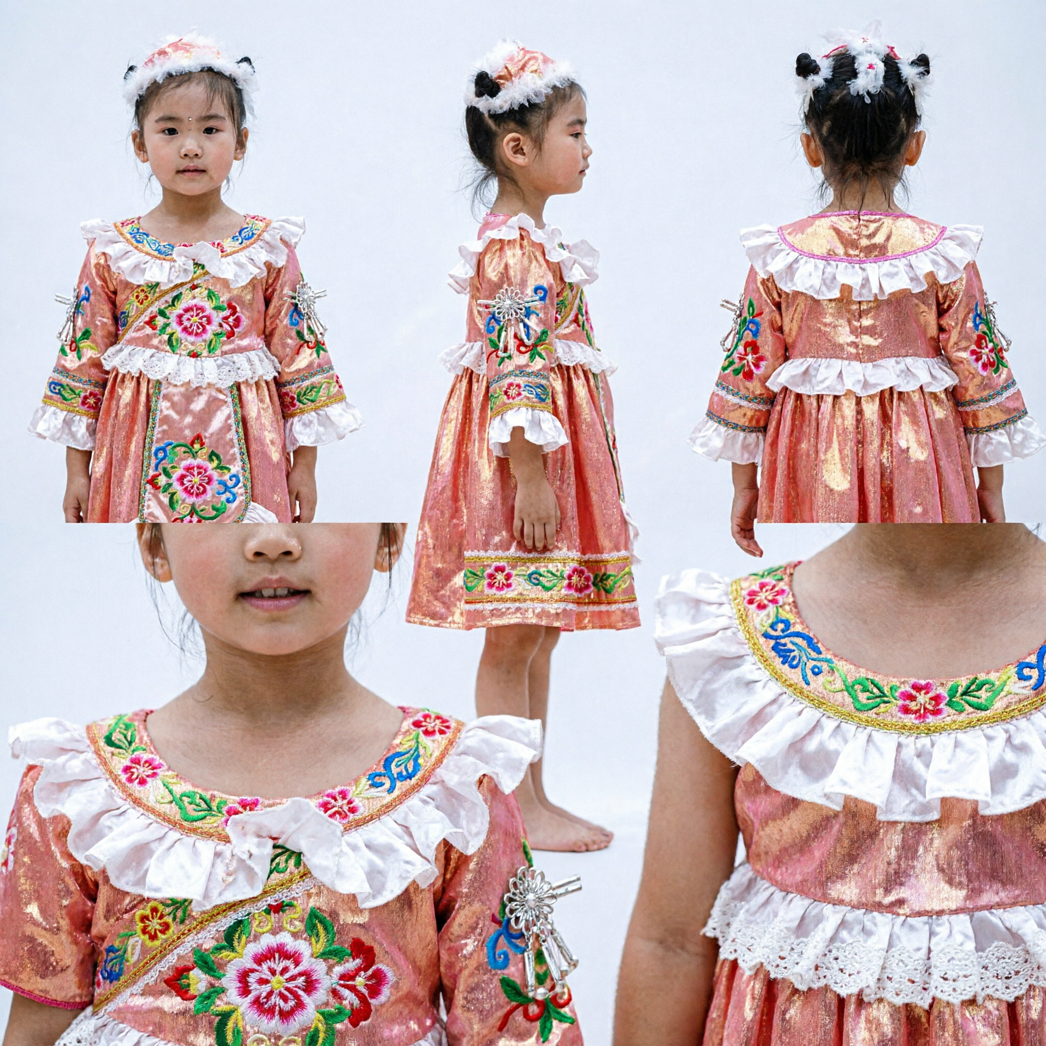 Shiny Orange Girls Stage Dance Costume with White Ruffles Traditional Performance Outfit for Kids - Asian Costume