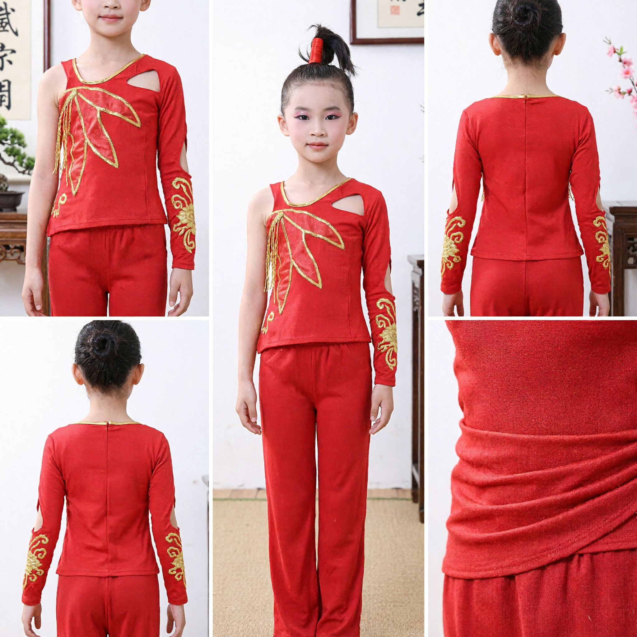 Traditional Red Chinese Folk Dance Costume for Girls Kids Stage Performance Dress with Gold Accents - Asian Costume