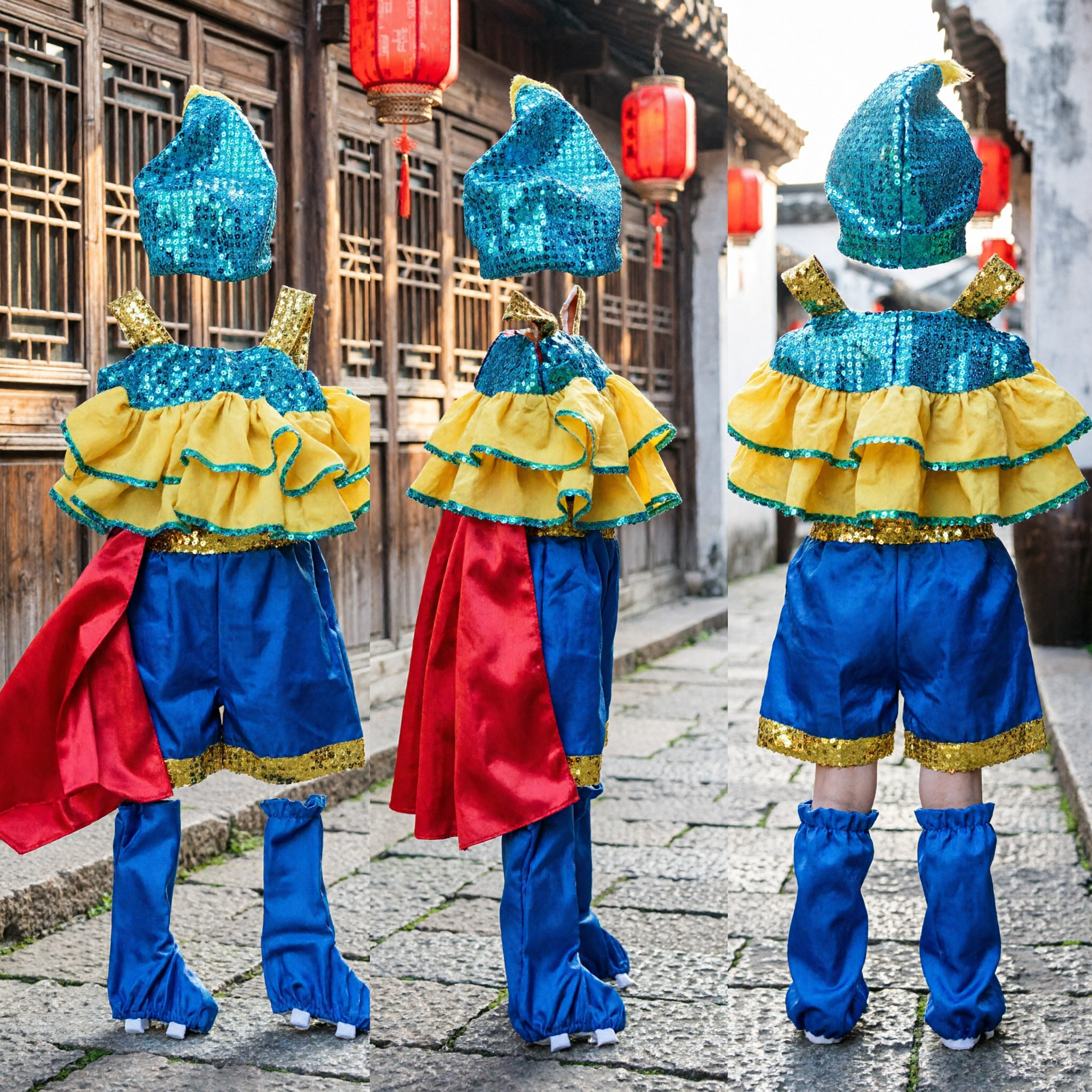 Traditional Chinese Folk Dance Costume Blue Sequined Top Yellow Ruffles Pants and Hat Set for Stage Performance - Asian Costume