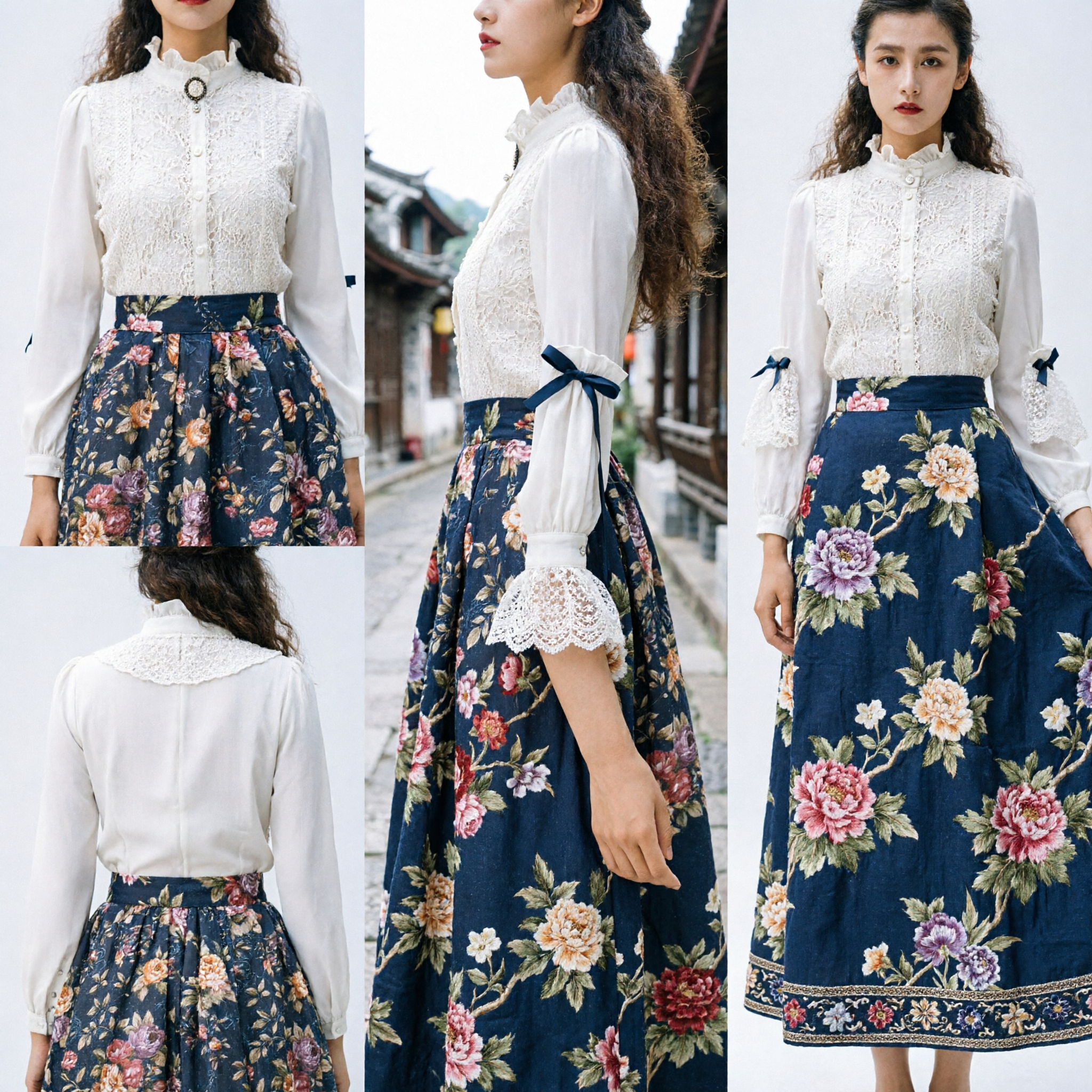 Elegant White Lace Ruffle Collar Blouse and Floral Print Skirt Set Vintage Chinese Traditional Costume - Asian Costume