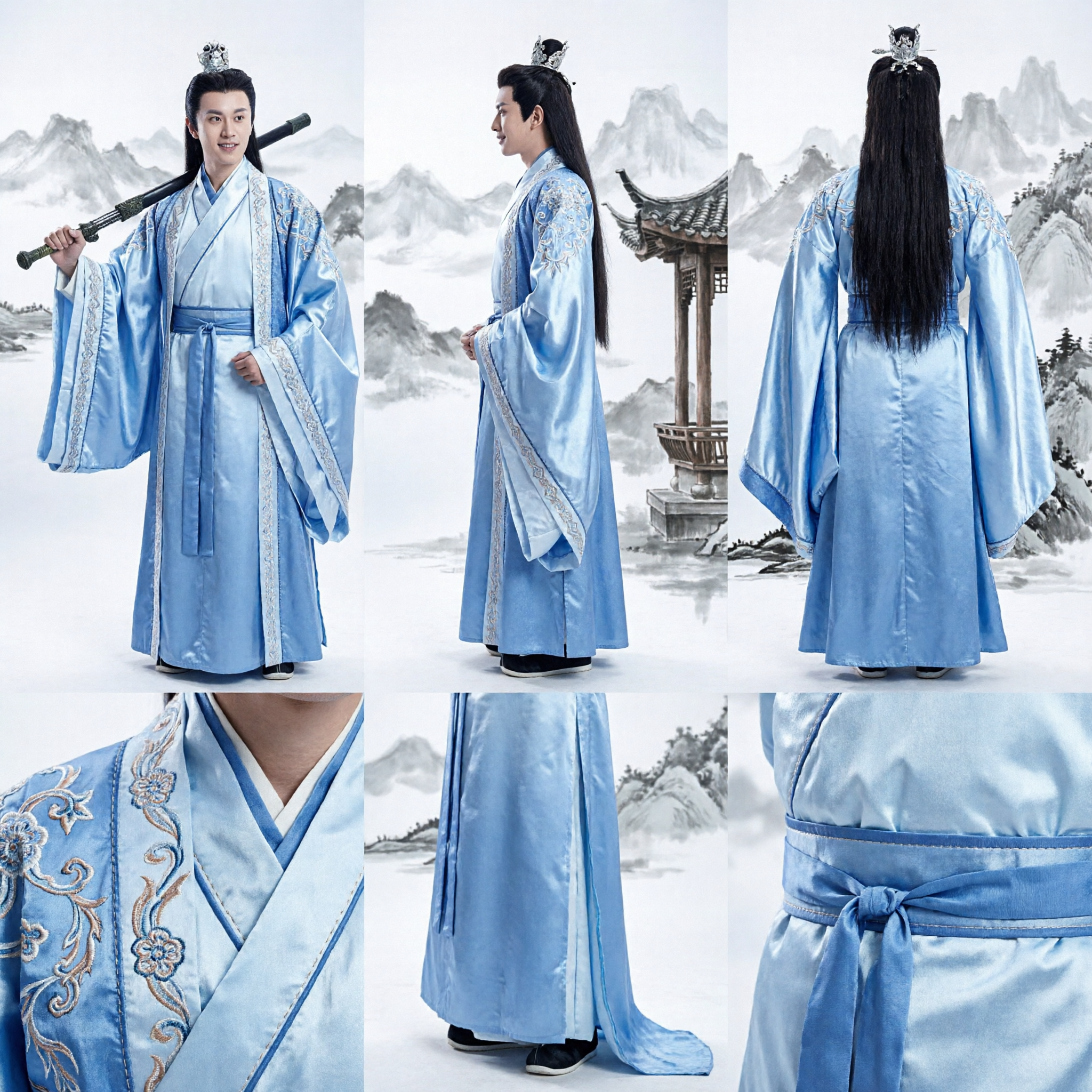 Men's Ancient Chinese Swordsman Hanfu Costume Traditional Wuxia Cosplay Blue Robe Outfit for Adults - Asian Costume