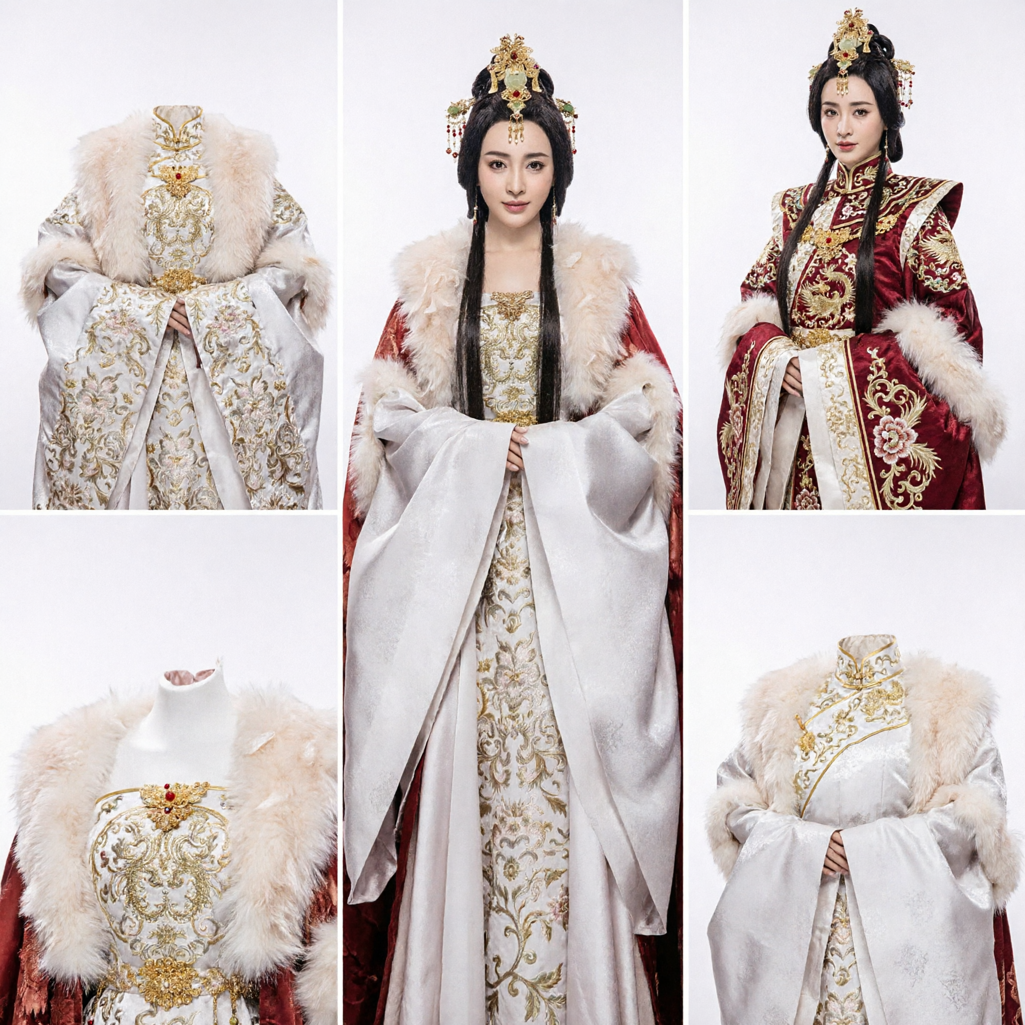 Ancient Chinese Empress Red Fur Cloak and Gold Embroidered Hanfu Dress Set for Traditional Period Drama Cosplay Women - Asian Costume