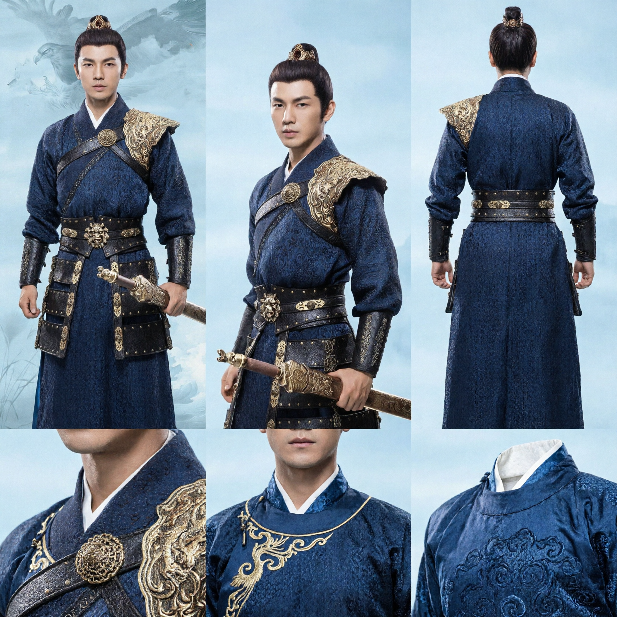 Men's Ancient Chinese General Warrior Costume Blue Hanfu with Armor Set for Cosplay Historical Drama - Asian Costume