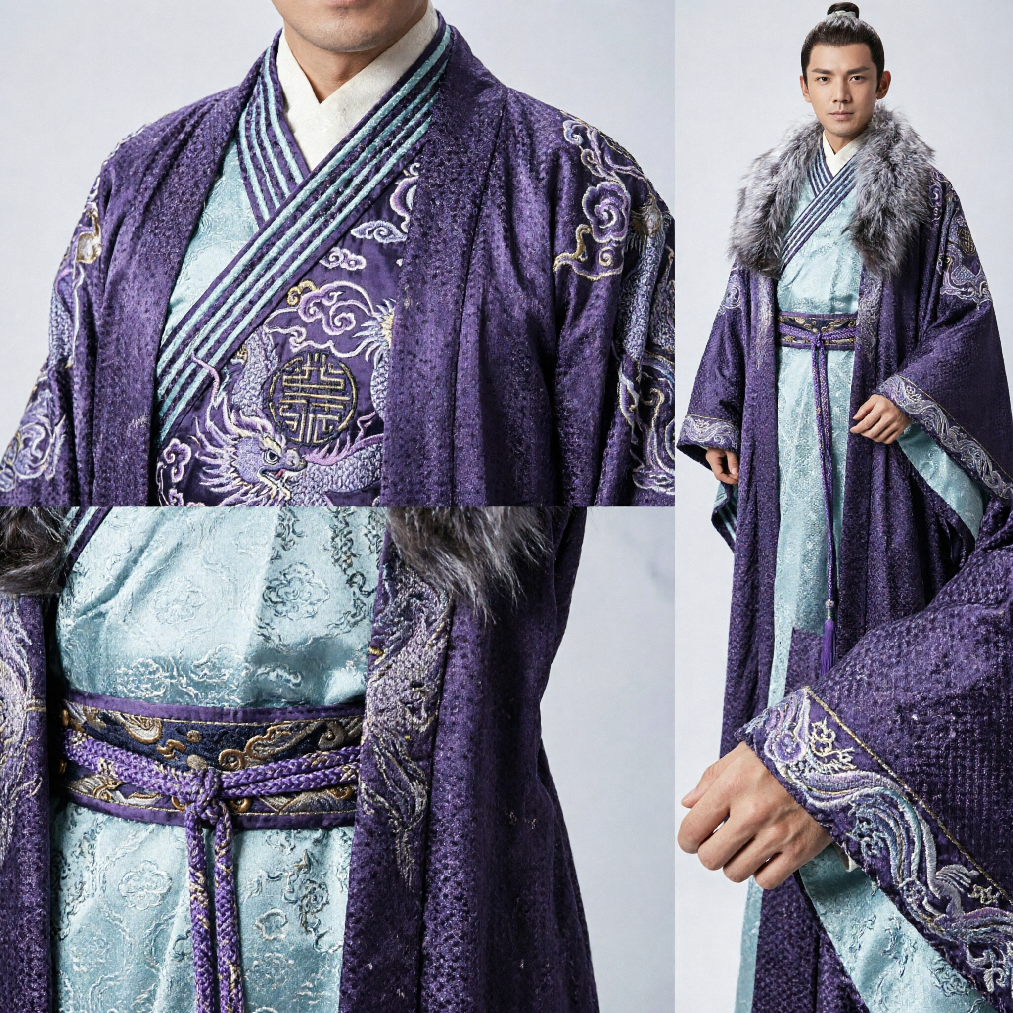Men's Ancient Chinese Hanfu Purple Nobleman Robe with Fur Collar Historical Drama Cosplay Costume - Asian Costume