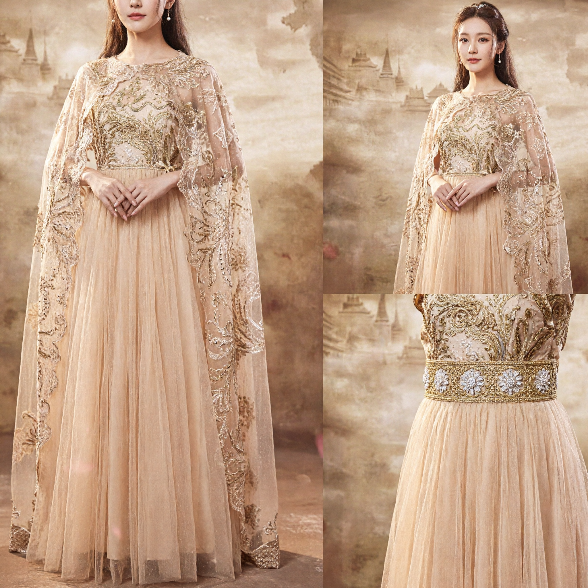 Elegant Champagne Gold Chinese Traditional Wedding Dress for Bride with Embroidered Lace Cape and Tulle Skirt Evening Gown - Asian Costume