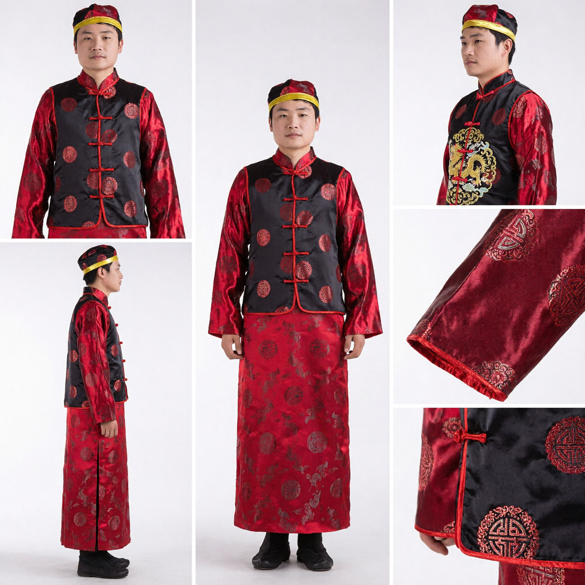 Traditional Chinese Men's Wedding Costume Red Changshan Robe Black Magua Vest Hat Set for Groom - Asian Costume