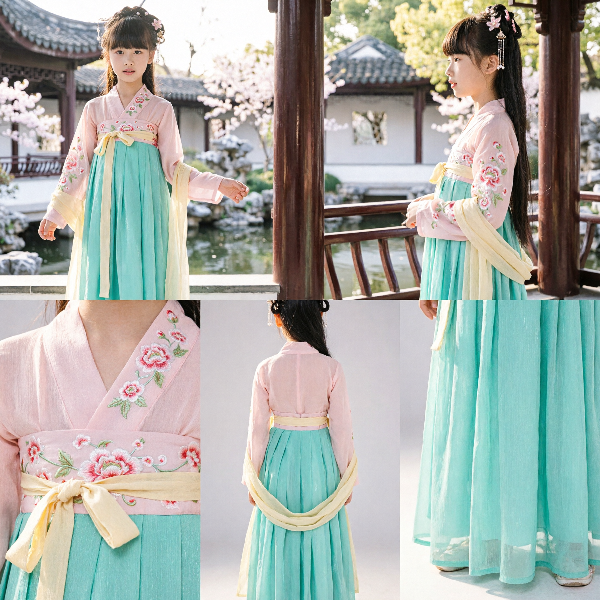 Kids Girls Traditional Chinese Hanfu Ancient Costume Tang Dynasty Princess Dress Embroidered Green Pink Outfit - Asian Costume