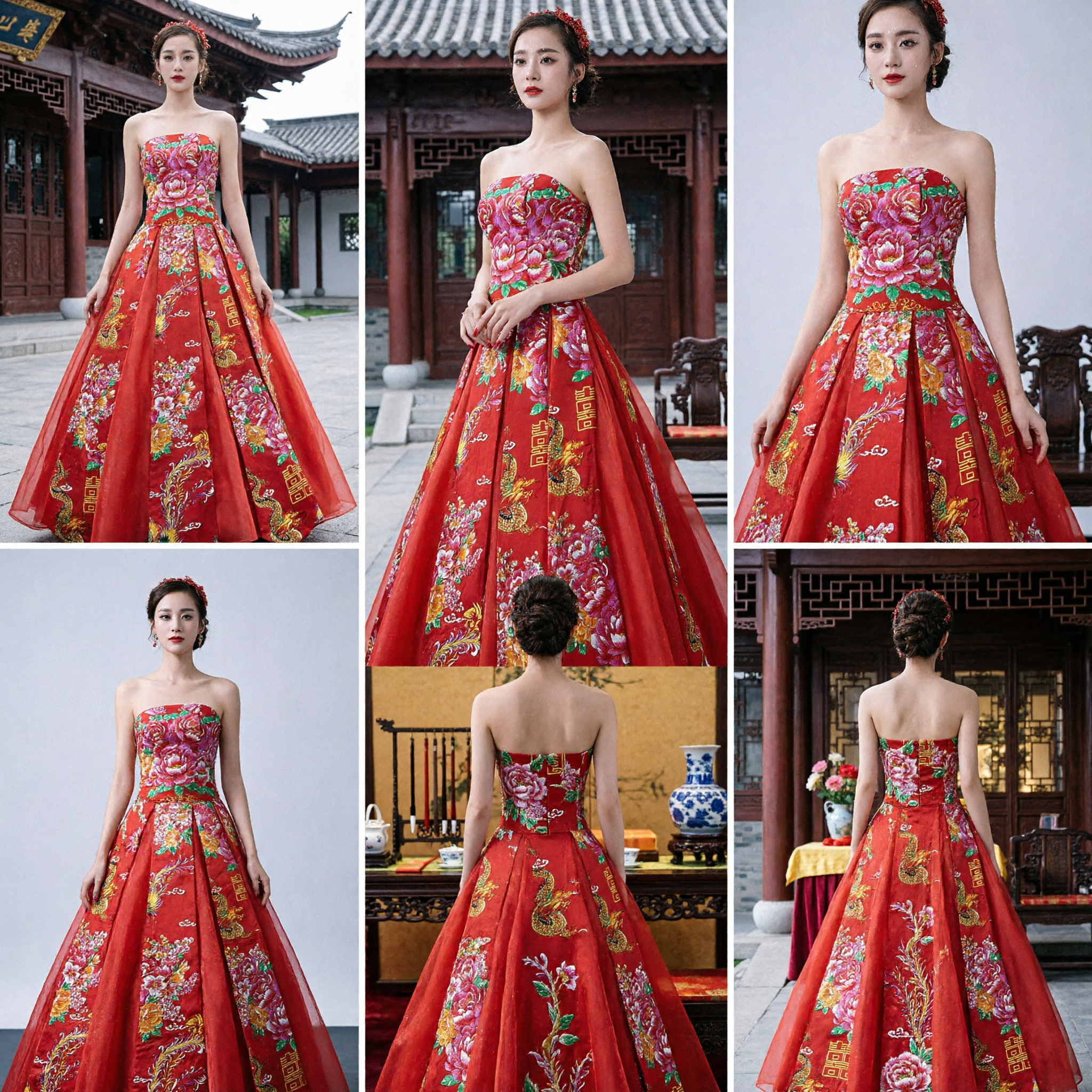 Elegant Red Chinese Wedding Dress Strapless Ballgown Featuring Traditional Dragon and Peony Patterns for Brides - Asian Costume
