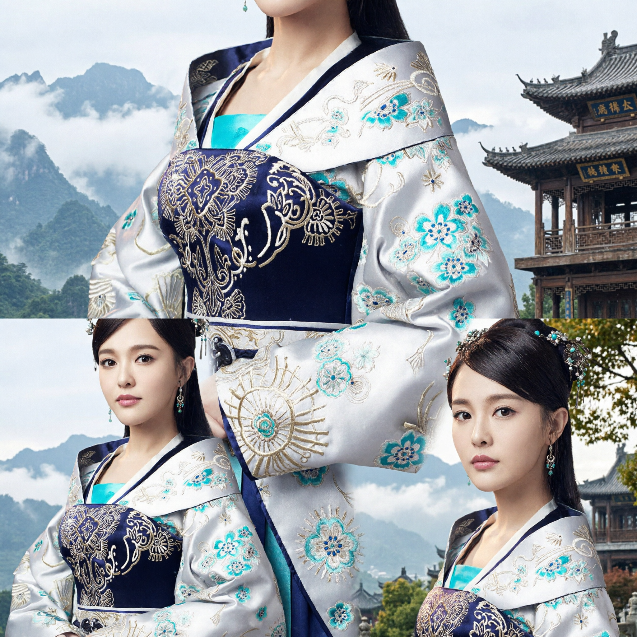 Elegant Chinese Traditional Hanfu Costume Blue Silver Floral Embroidery Ancient Dress for Women Cosplay - Asian Costume