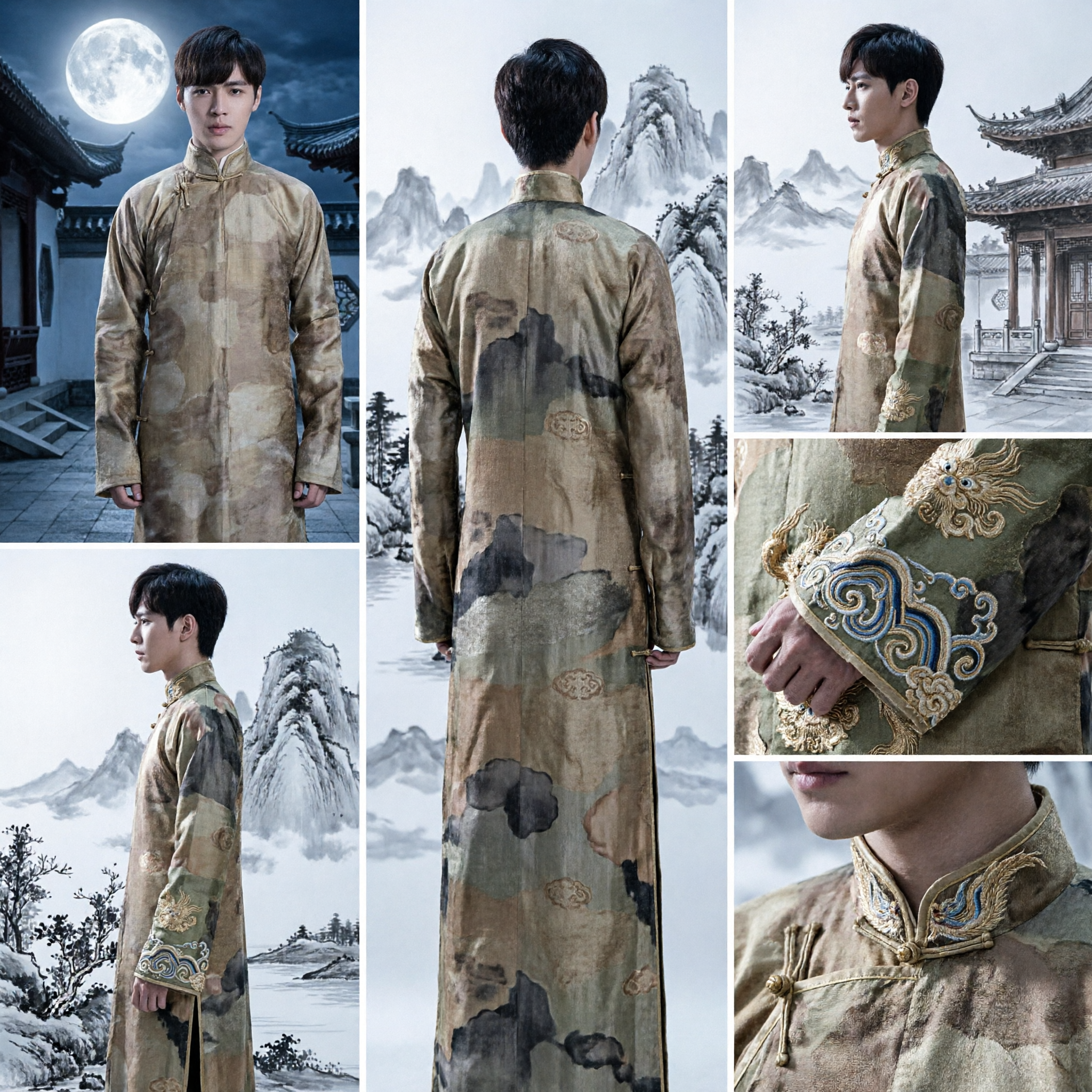 Men's Traditional Chinese Changshan Robe Vintage Republic of China Era Mandarin Collar Long Gown for Cosplay - Asian Costume