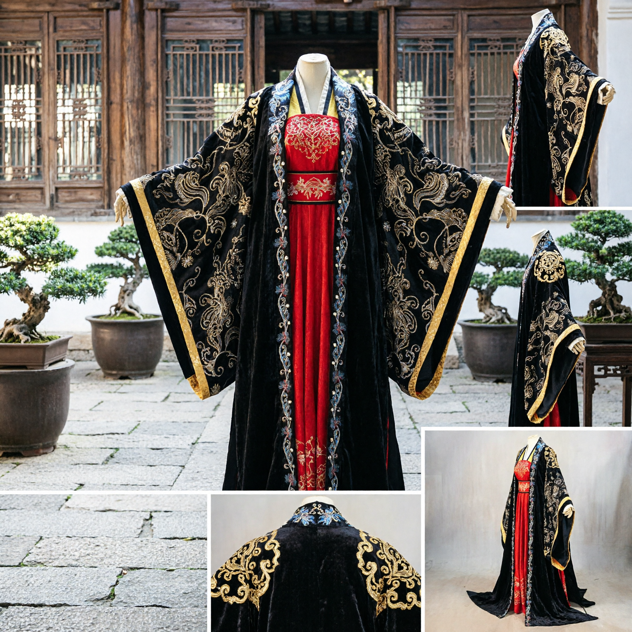 Traditional Chinese Ancient Princess Costume Black Gold Embroidery Outer Robe Red Dress Hanfu Set for Women - Asian Costume