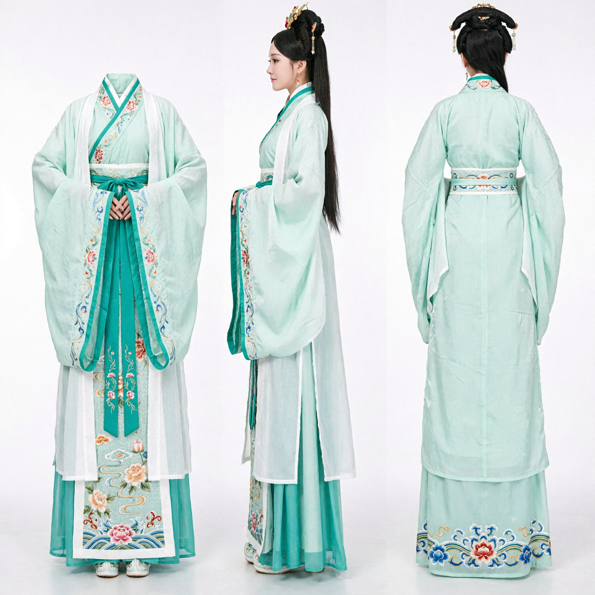 Elegantes grünes antikes chinesisches Hanfu-Mutter-Tochter-Matching-Set, Tang-Dynastie-Feen-Prinzessinnen-Kostüm für Frauen und Mädchen - Asian Costume