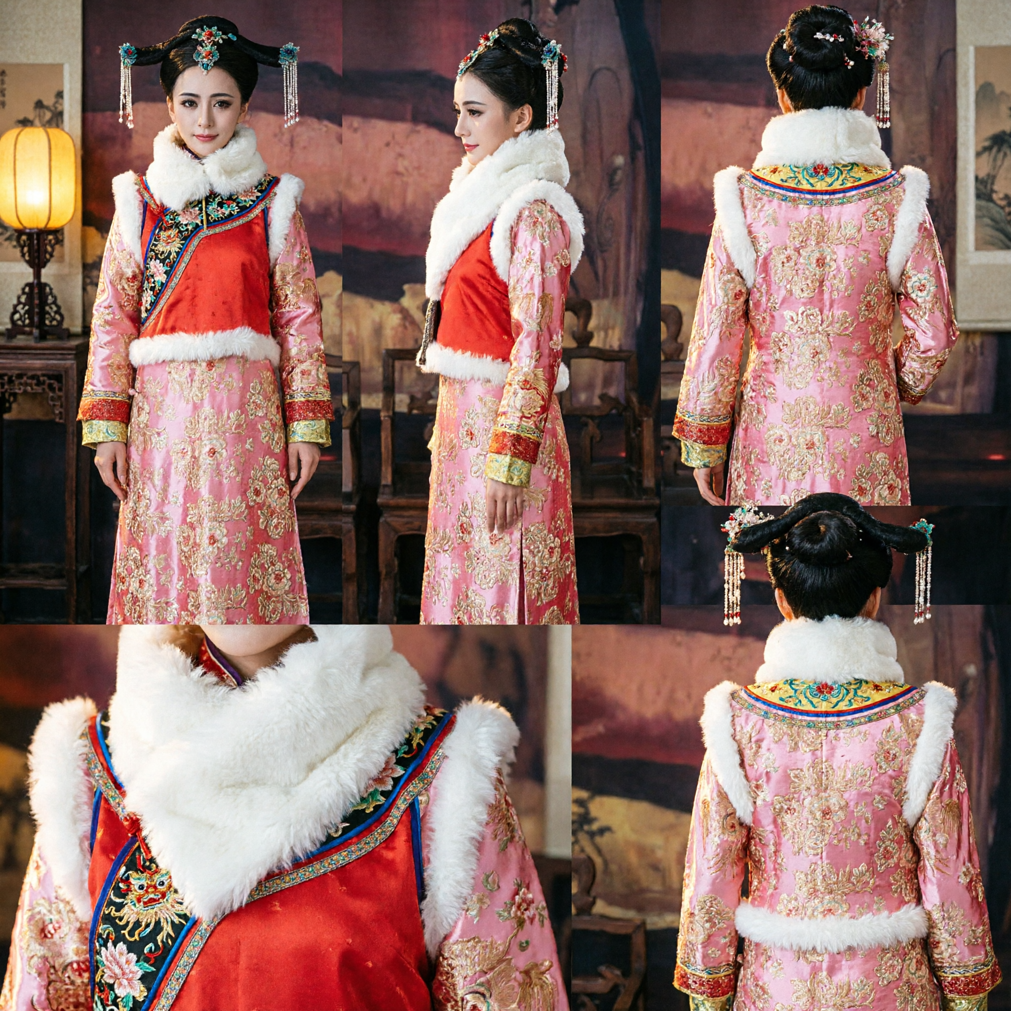 Traditional Chinese Qing Dynasty Empress Costume Pink Gold Embroidery Manchu Dress with Headpiece for Women Cosplay Performance - Asian Costume
