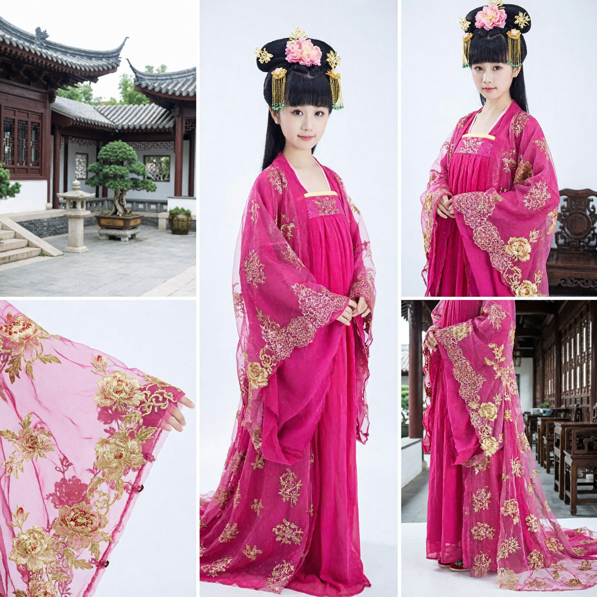 Traditional Chinese Tang Dynasty Princess Hanfu Costume Pink Embroidered Dress for Girls Stage Performance - Asian Costume