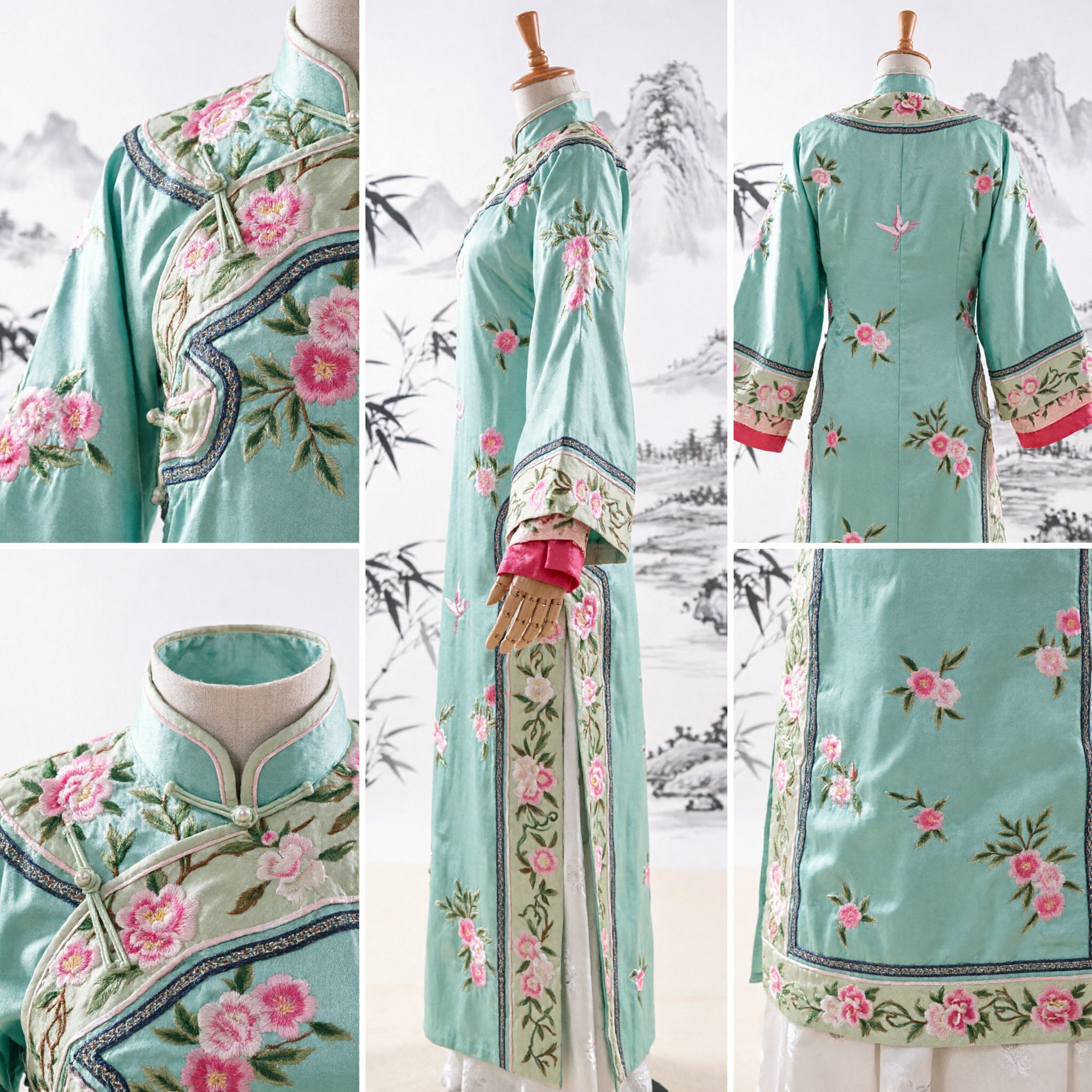 Traditional Chinese Ancient Costume Mint Green Floral Embroidered Long Robe for Women Performance - Asian Costume