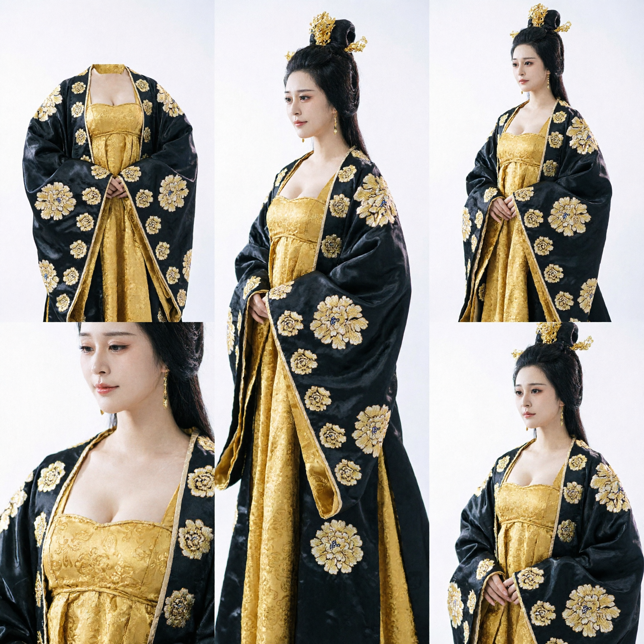 Women's Ancient Chinese Palace Empress Costume Complete Set Black Robe with Gold Floral Embroidery Hanfu - Asian Costume