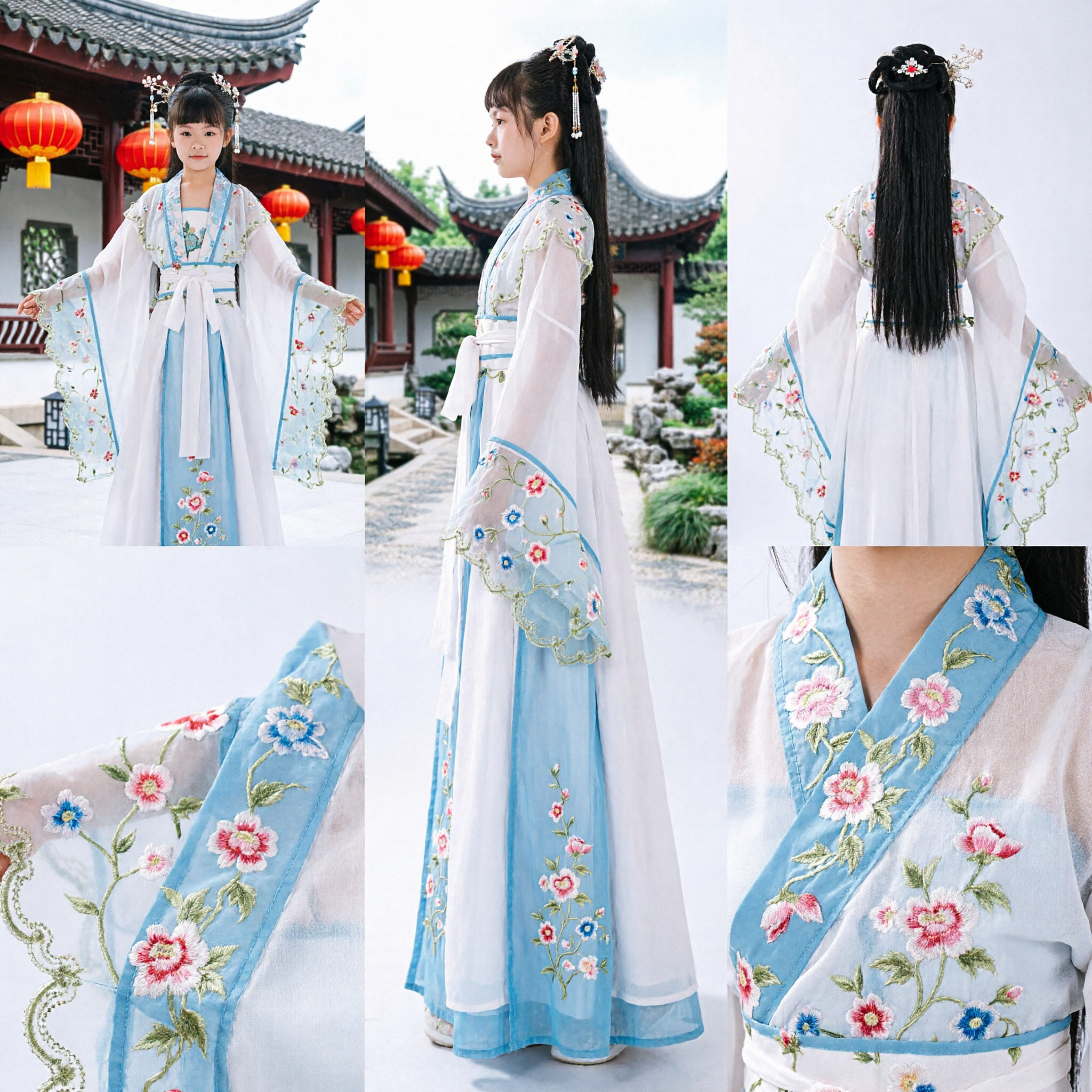 Traditional Chinese Hanfu Costume for Girls Ancient Princess Fairy Dress Blue Floral Performance Outfit - Asian Costume