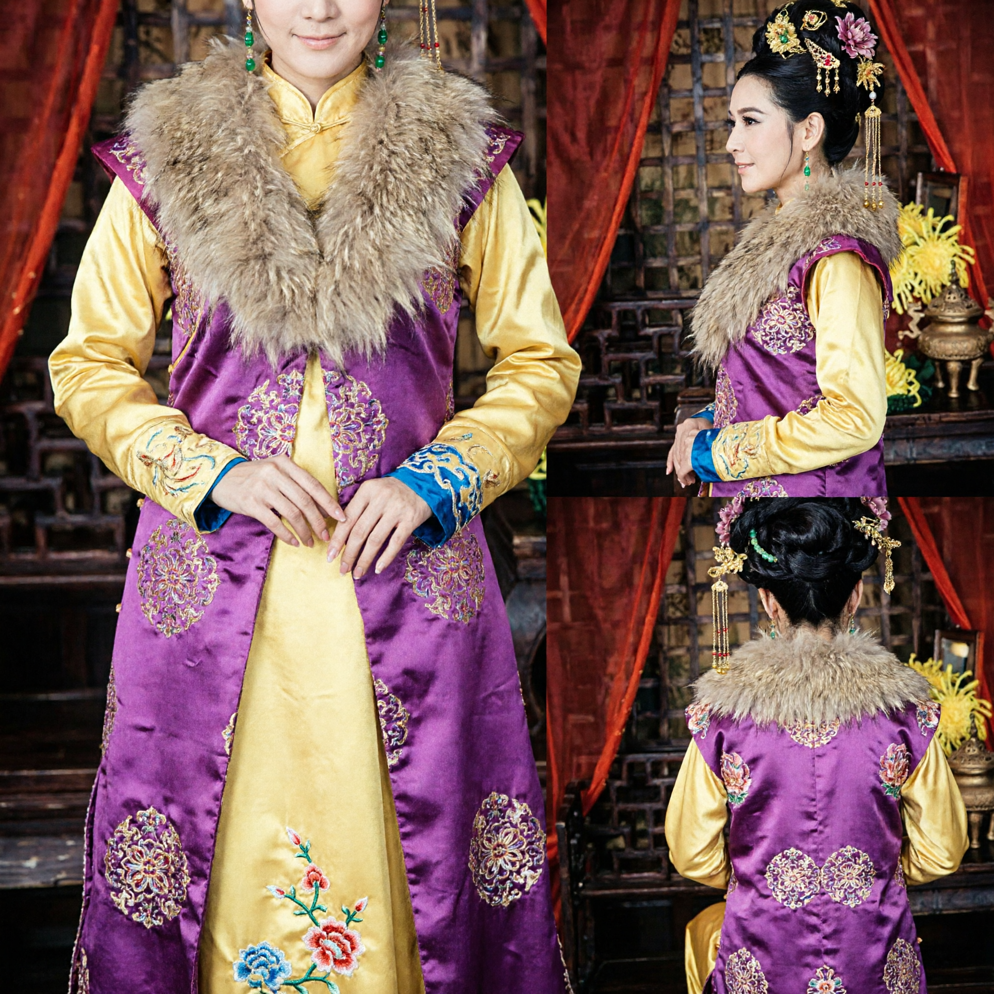 Ancient Chinese Imperial Noble Lady Costume Yellow and Purple Hanfu Dress with Fur Collar for Women - Asian Costume