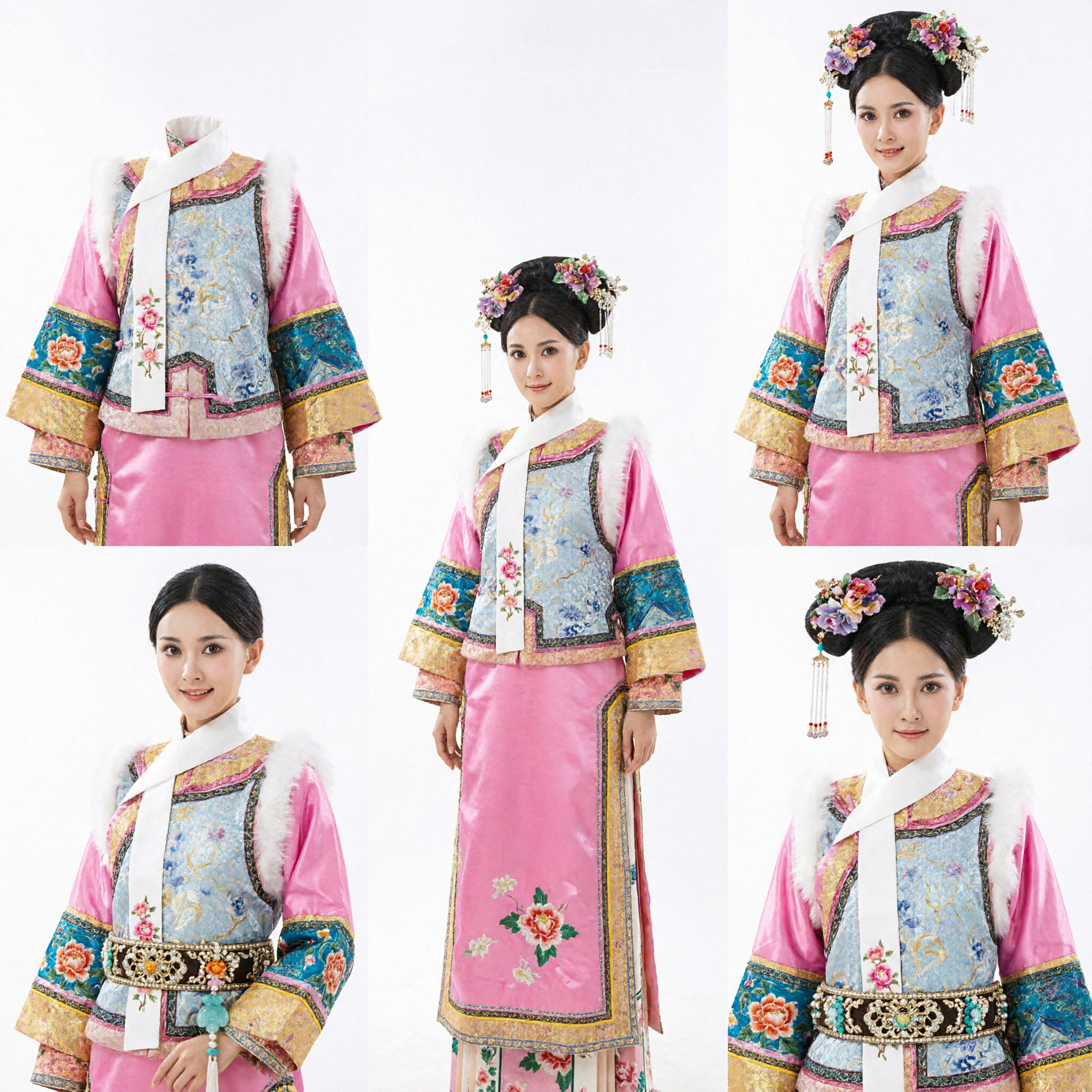 Traditional Chinese Qing Dynasty Palace Princess Costume Pink Embroidered Robe with Fur Collar for Women Cosplay - Asian Costume