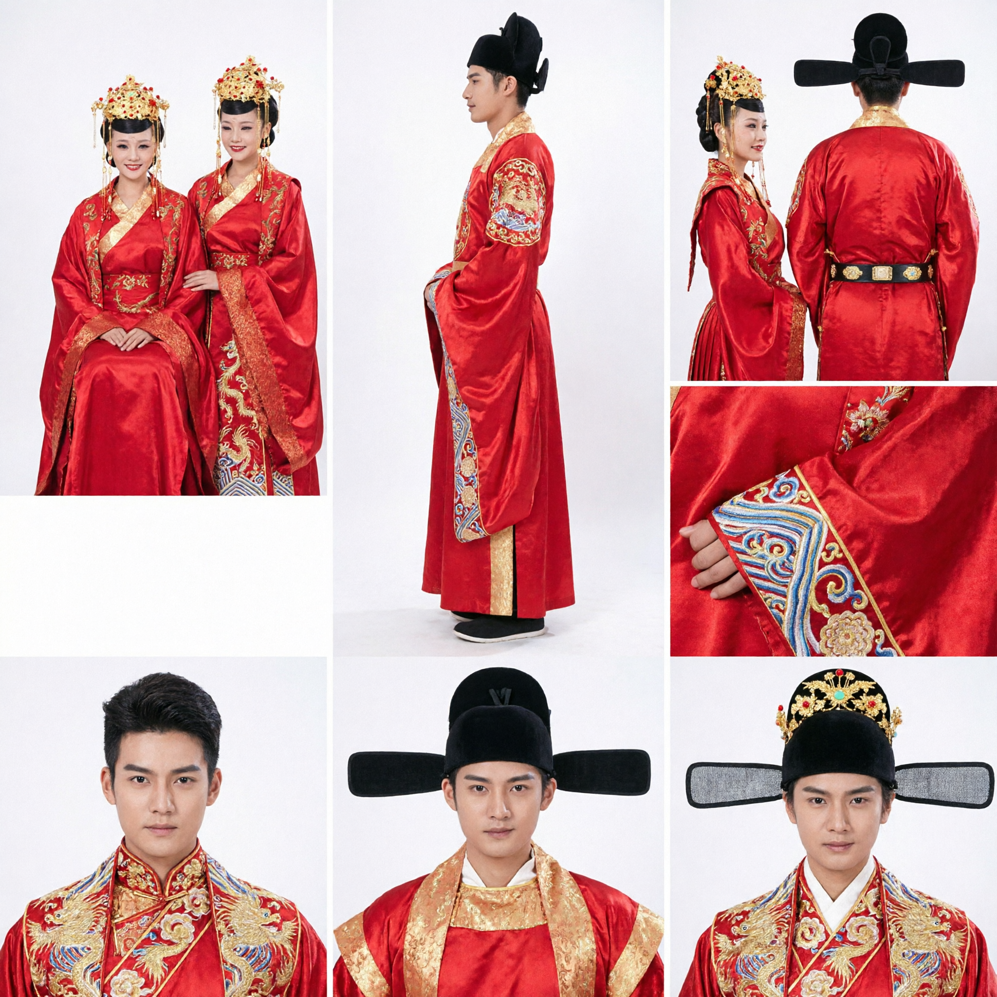 Traditional Chinese Wedding Dress Set Ancient Ming Dynasty Hanfu Red Robes for Bride and Groom - Asian Costume
