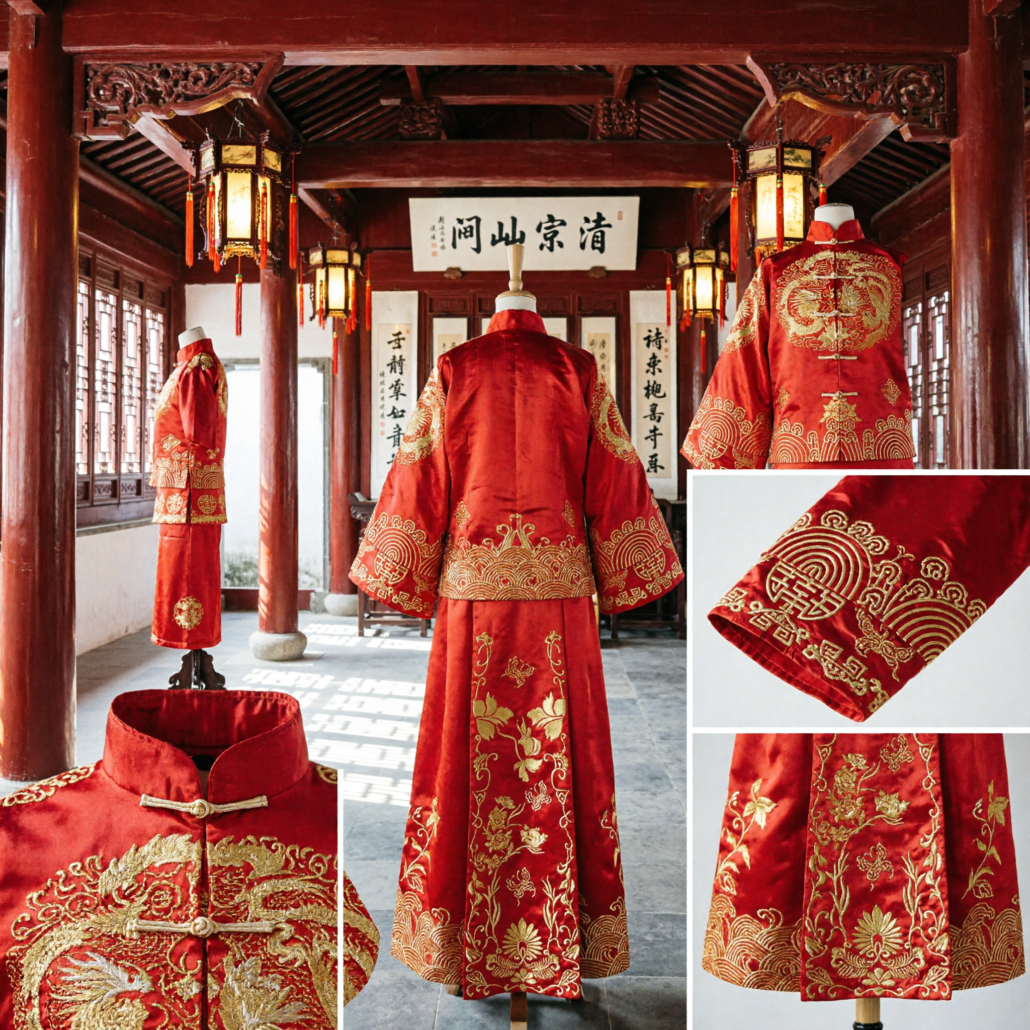 Men's Traditional Chinese Wedding Groom Costume Red Dragon Embroidery Tang Suit Festival Clothing Set - Asian Costume