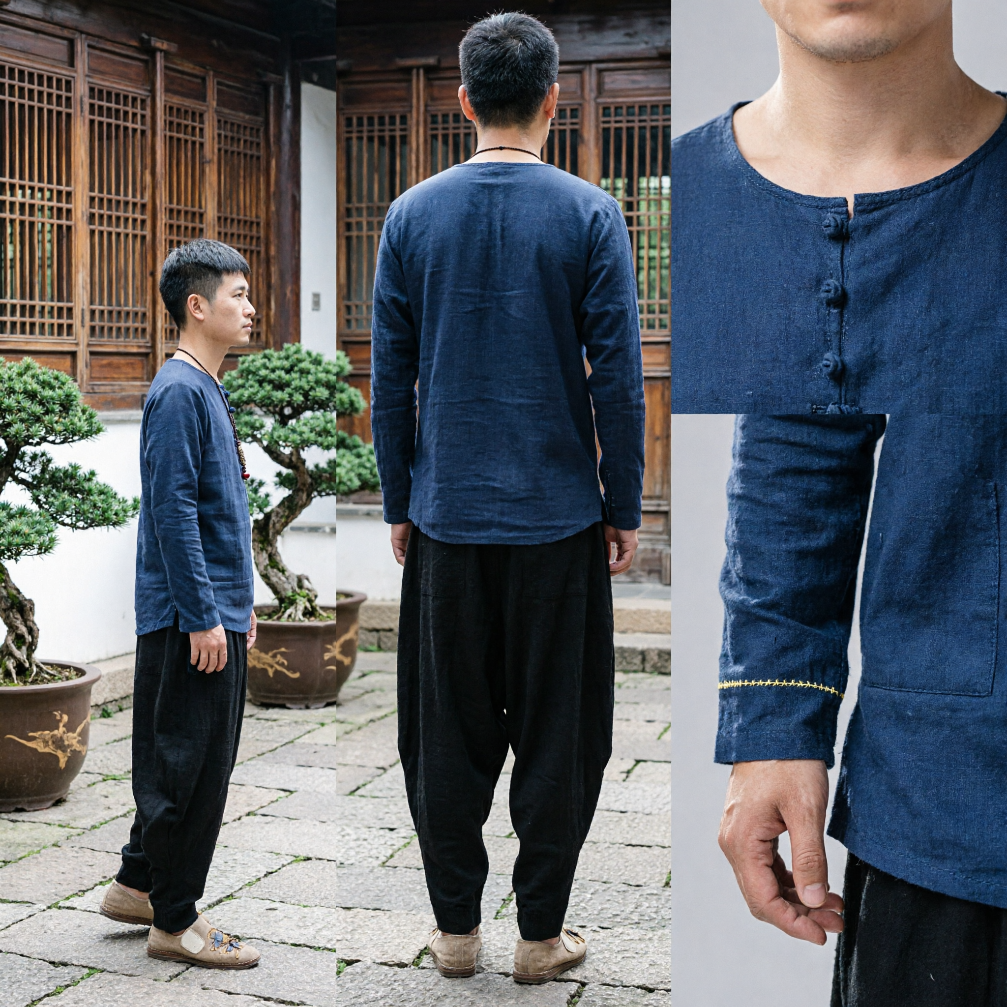 Men's Traditional Chinese Tai Chi Suit Blue Linen Henley Top and Loose Black Kung Fu Pants - Asian Costume